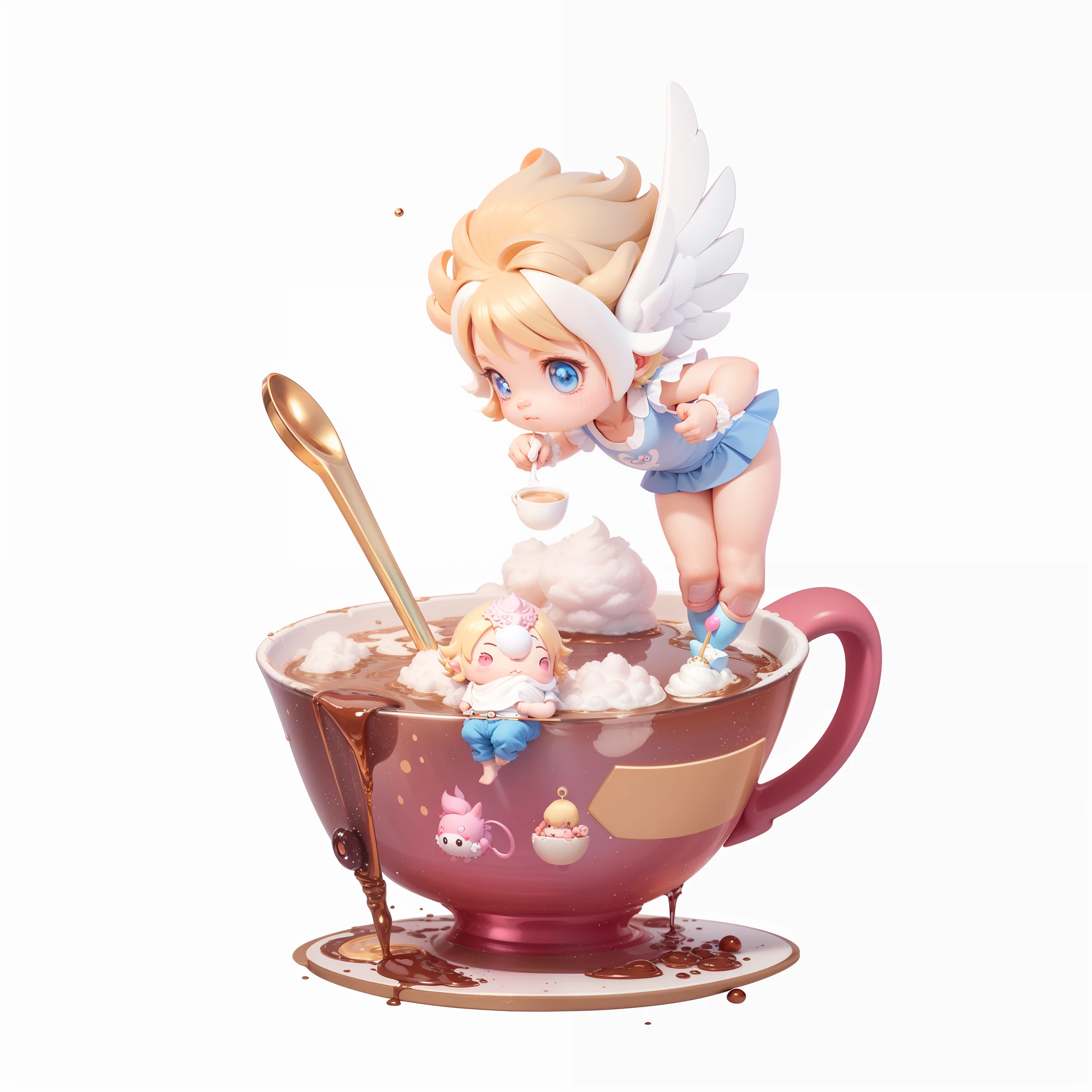 blind box toy style, a cute little boy, angel, white wings, standing on the edge of a coffee cup, bent over, blond hair, light blue eyes, light blue clothes, left hand crossed waist, right hand holding a moon-shaped staff, bare arms, bare thighs, red coffee cup with diamond pattern, coffee spill, brown liquid, golden long spoon, cloud monster inside, pink eyes, cute fantasy creature
