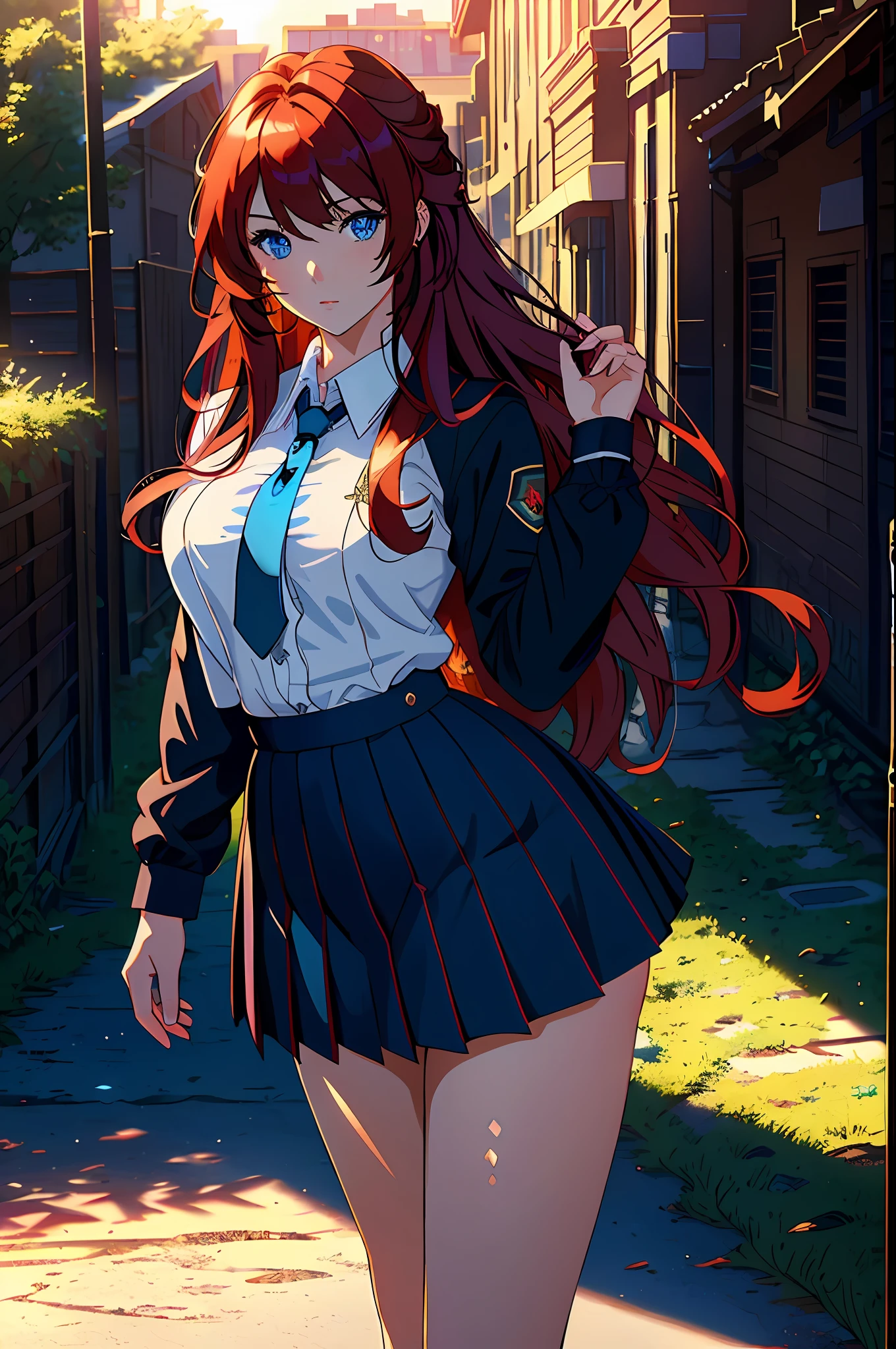 masterpiece, best quality, 1girl, long hair, looking at viewer, :3, cute, black school uniform, outdoors, streets, cowboy shot, large breasts, curvy, (((blue eyes))), rias gremory, red hair, antenna hair, wavy hair, ((beautiful detailed eyes, beautiful detailed glow)),highest quality digital art, Stunning art, wallpaper 4k,8k,64k, HD, unparalleled masterpiece, dynamic lighting, cinematic, epic