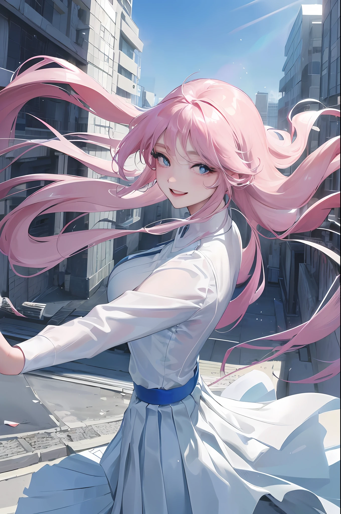 Official Art, Masterpiece, Sharp Focus, (Beautiful Gorgeous and Lovely Korean Woman: 1.3), (Beautiful and Lovely Korean: 1.3), Korean beauty, delicate and beautiful hair and eyes and face, realistic, super detailed, beautiful girl, blue sky, Luminous White Particles, (Side Light: 1.2), Sunshine, White Clouds, Fine Clouds, Slender, Cute Big Breasts, Big Butts, Grinning, ((Open eyes when laughing)), Scenery, Long Straight Hair, Sexy Expressions, Buildings, (City Views : 1.7), dynamic hair, long straight hair, delicate platinum pink hair, glowing blue eyes, (blue pleated shirt + white skirt), white stockings, pale skin, hair adorned with epic scenery ,