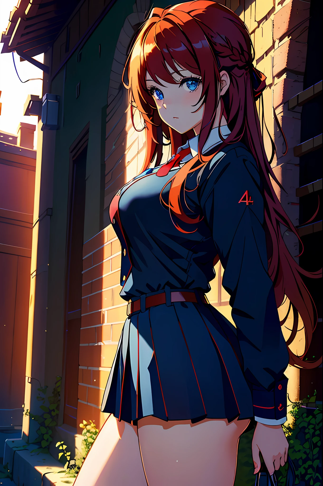 masterpiece, best quality, 1girl, long hair, looking at viewer, :3, cute, black school uniform, outdoors, streets, cowboy shot, large breasts, curvy, (((blue eyes))), rias gremory, red hair, antenna hair, wavy hair, ((beautiful detailed eyes, beautiful detailed glow)),highest quality digital art, Stunning art, wallpaper 4k,8k,64k, HD, unparalleled masterpiece, dynamic lighting, cinematic, epic