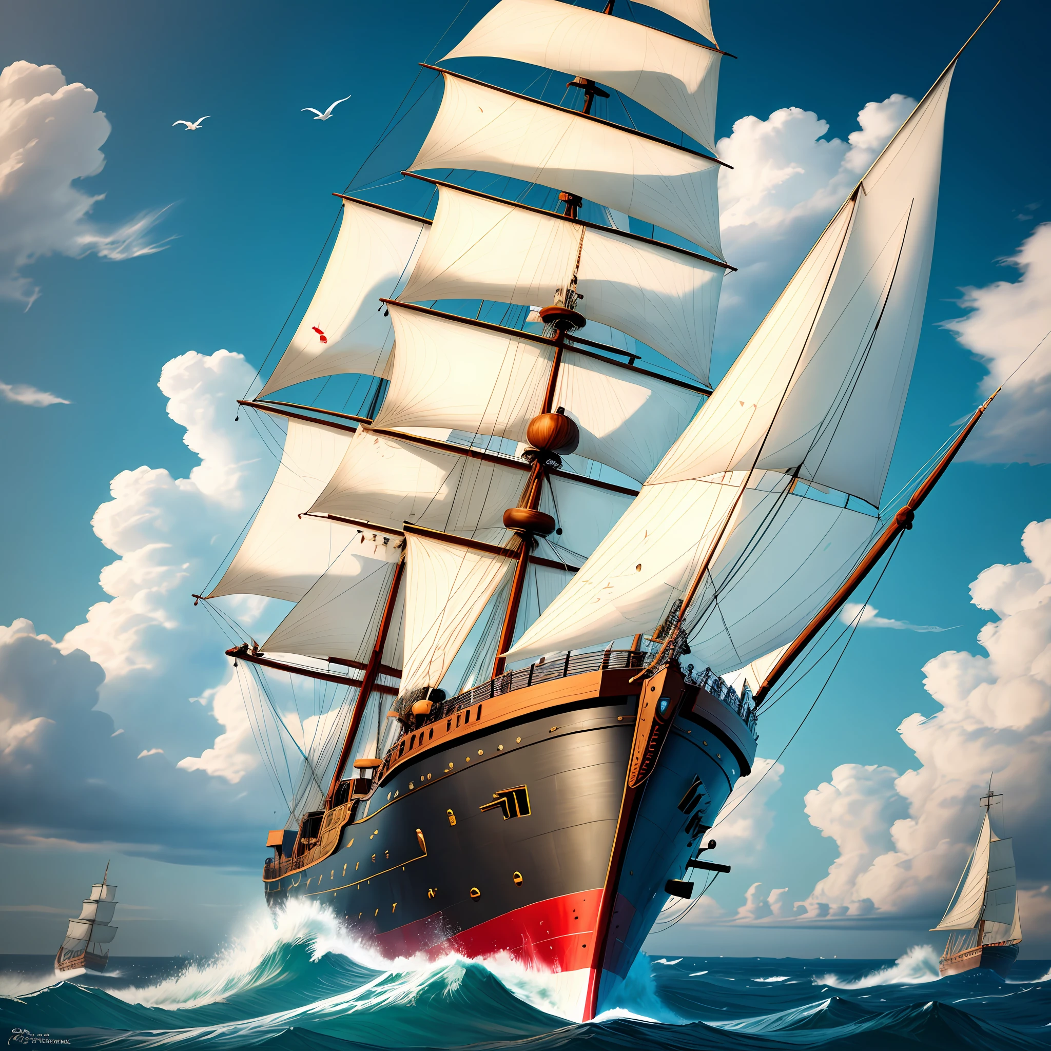/ Imagination Tip: A galleon, sailing on rough seas, blue sky, countless seabirds chasing the ship, seafarers nervously busy with the sails on the ship, white clouds rolling in the distance, as if something big is happening. 8K , Whimsical , High Resolution , Ultra High Quality , 4K , High Realism , Real-Time Rendering , Futuristic , Medium and Long Lens (MLS)