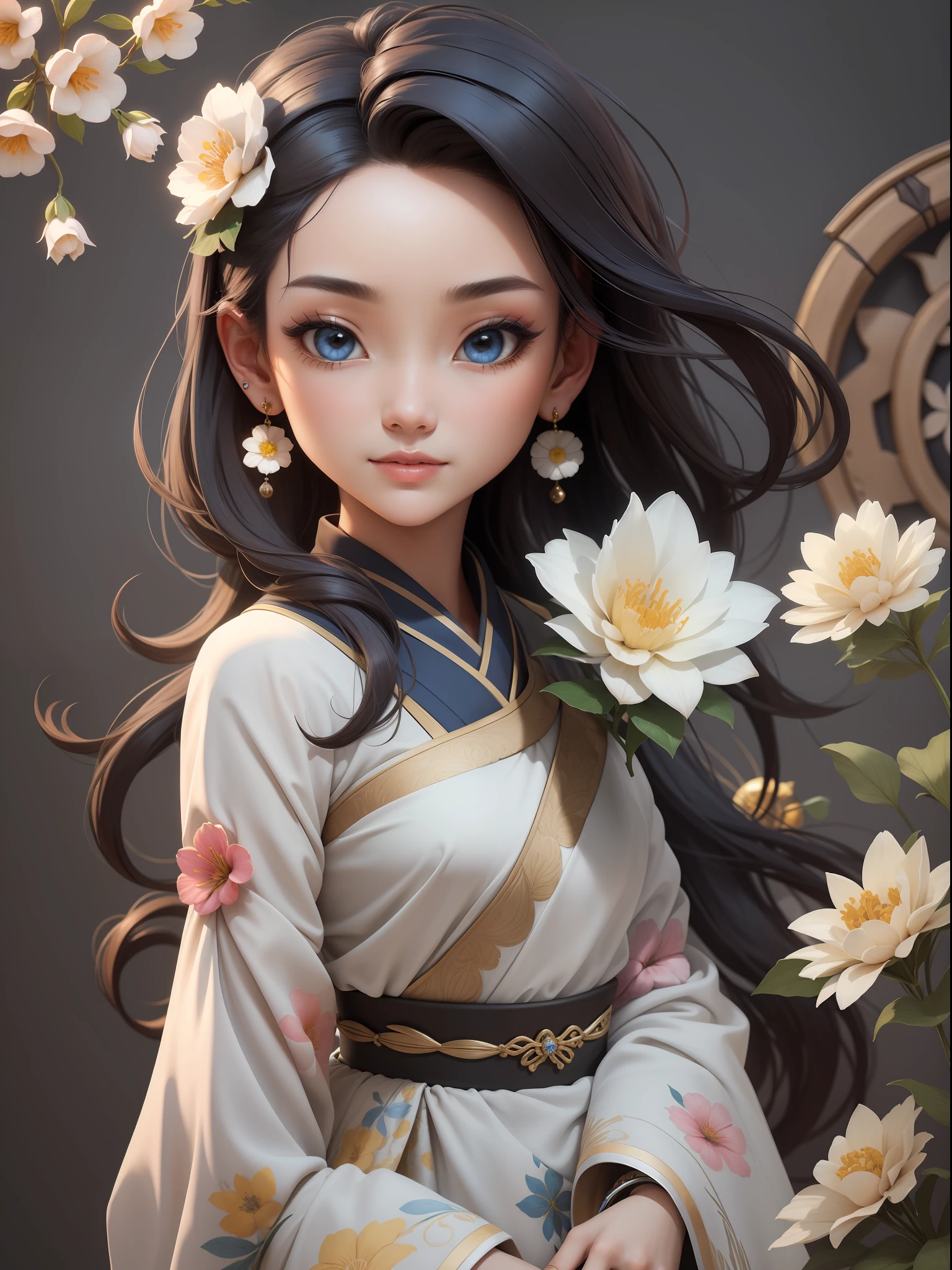 (Masterpiece: 1.5), (Best Quality: 1.5), High Resolution, High Detail, 3DMM,1 Girl, Solo, Earrings, Jewelry, Flower, Perfect Face, Perfect Eyes, Low Contrast, Oriental Feminine, Straight Hair