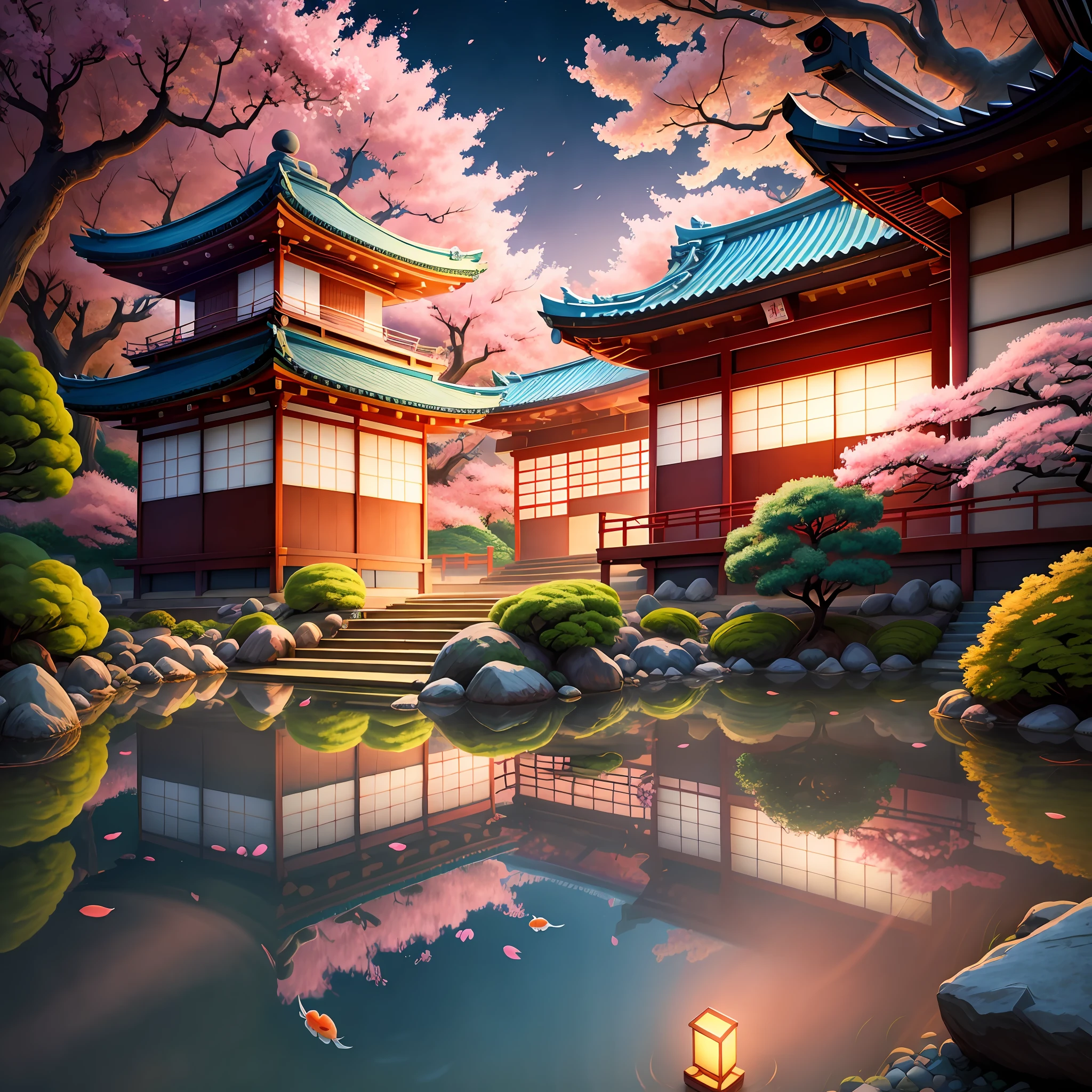 (digital painting),(best quality), serene Japanese garden, cherry blossoms in full bloom, koi pond, footbridge, pagoda, Ukiyo-e art style, Hokusai inspiration, Deviant Art popular, 8k ultra-realistic, pastel color scheme, soft lighting, golden hour, tranquil atmosphere, landscape orientation