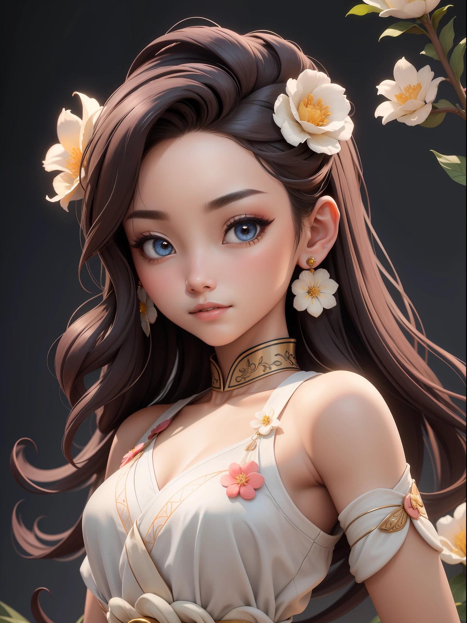 (Masterpiece: 1.5), (Best Quality: 1.5), High Resolution, High Detail, 3DMM,1 Girl, Solo, Earrings, Jewelry, Flower, Perfect Face, Perfect Eyes, Low Contrast, Oriental Feminine, Straight Hair