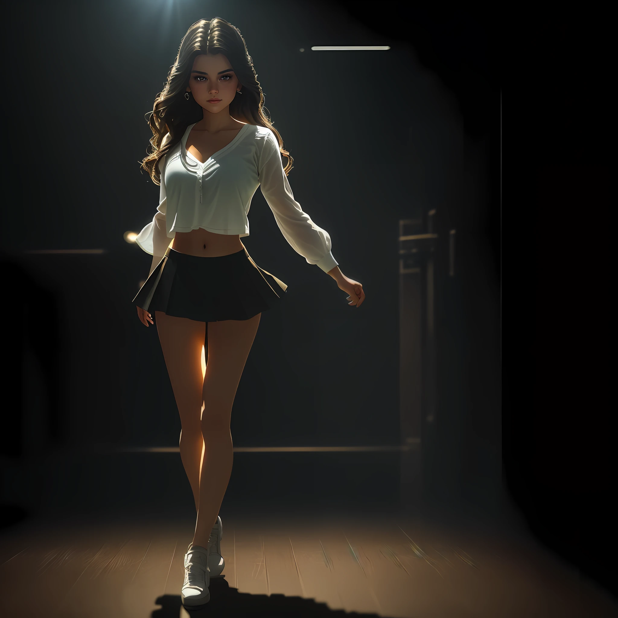 Highest quality, 4k highly detailed realistic ((full body including legs)) , golden ratio, (theater lighting: 0.7), masterpiece, viewer angle shot, ( Tanned Selena Gomez ),looking side happy, (standing on the floor wearing see trough boozzer and pulling her skirt up to see her undies), full body portrait, perfect face, amazing eyes, vivid details, (highly detailed skin), accent lighting (backlight: 0.5), depth of field, iPhone 6, 50mm lens, f/4 aperture, (super detail), sharp focus, soft colors, 8k , conscious, 8mm film grain, war photography, angle up shot