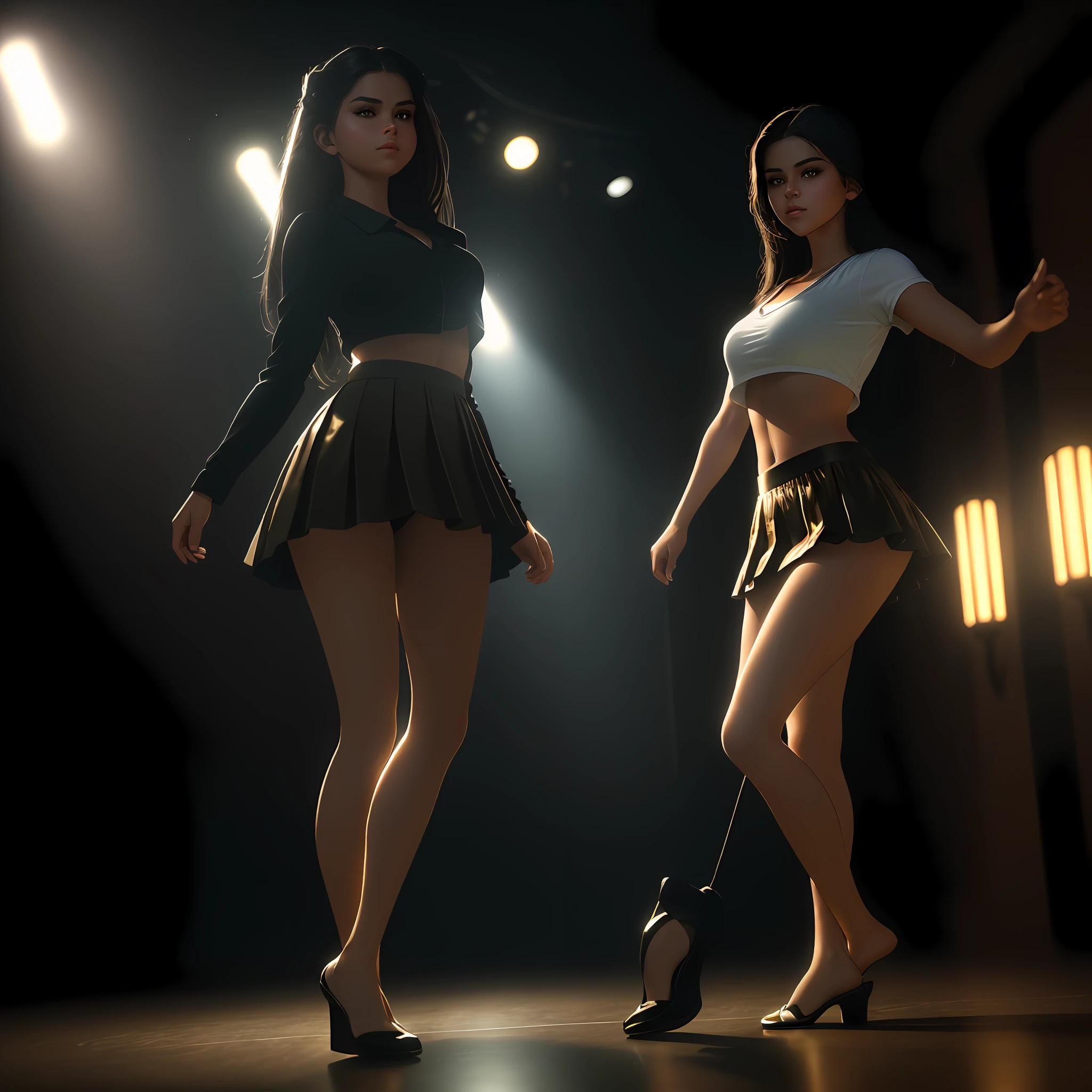 Highest quality, 4k highly detailed realistic ((full body including legs)) , golden ratio, (theater lighting: 0.7), masterpiece, viewer angle shot, ( Tanned Selena Gomez ),looking side happy, (standing on the floor wearing see trough boozzer and pulling her skirt up to see her undies), full body portrait, perfect face, amazing eyes, vivid details, (highly detailed skin), accent lighting (backlight: 0.5), depth of field, iPhone 6, 50mm lens, f/4 aperture, (super detail), sharp focus, soft colors, 8k , conscious, 8mm film grain, war photography, angle up shot