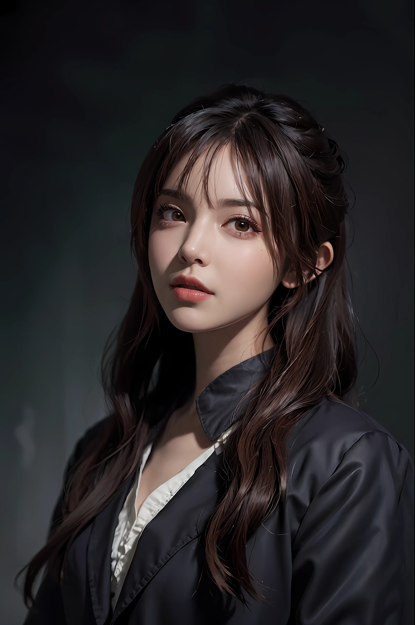 (Front Focus), (In the Dark: 1.6), Surrealist Female Portraits by David Hockney and Alphonse Mucha, Fantasy Art, Photo Realism, Dynamic Lighting, ArtStation, Poster, Volumetric Lighting, Very Detailed Faces, 4 K, Award-Winning 1girl, In the Dark, Deep Shadow, Low Key, Cowboy Shot, (Official Uniform: 1.4), Long Hair, Red Hair