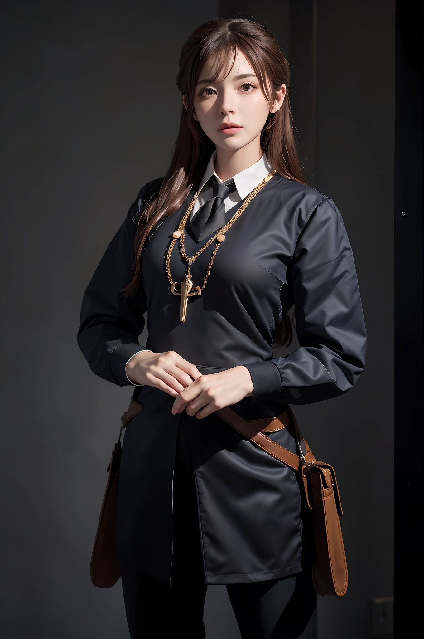 (Front Focus), (In the Dark: 1.6), Surrealist Female Portraits by David Hockney and Alphonse Mucha, Fantasy Art, Photo Realism, Dynamic Lighting, ArtStation, Poster, Volumetric Lighting, Very Detailed Faces, 4 K, Award-Winning 1girl, In the Dark, Deep Shadow, Low Key, Cowboy Shot, (Official Uniform: 1.4), Long Hair, Red Hair
