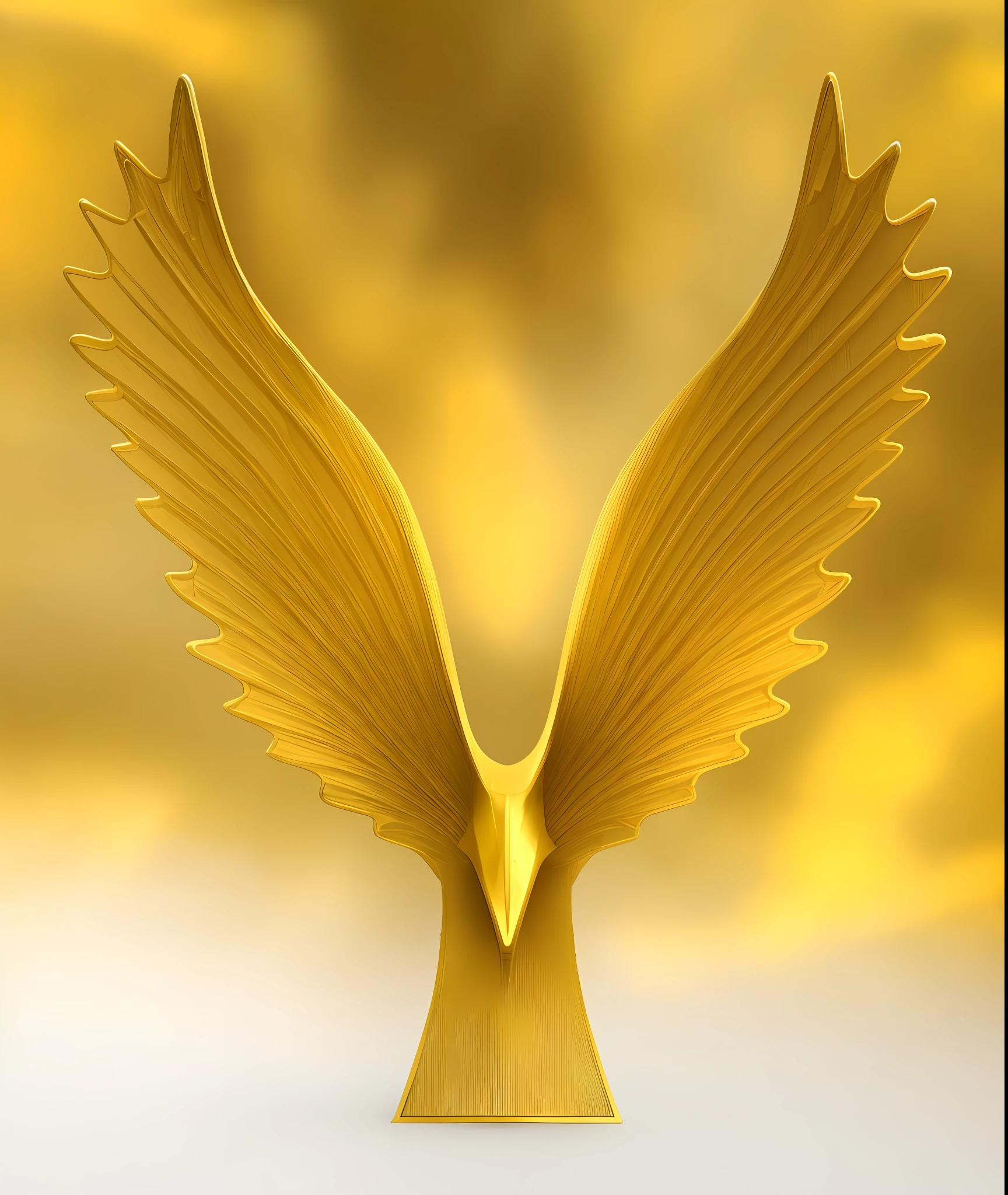 a close up of a golden angel statue on a white background, gold wings, golden wings, gold wings on head, symetrical wings, winged, majestic wings, large wings, with fiery golden wings, eagle wings, grand angel wings, symmetric wings, wings, wings made of glass, metal wings, majestic big dove wings, big angel wings wide open