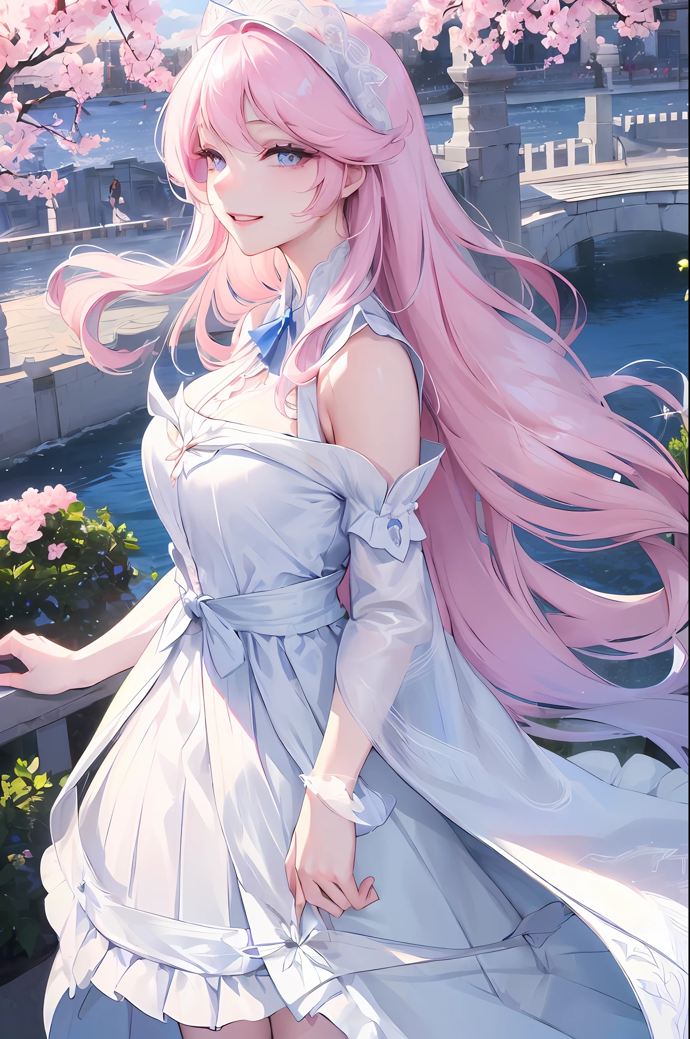 Official Art, Masterpiece, Sharp Focus, (Beautiful Gorgeous and Lovely Korean Woman: 1.3), (Beautiful and Lovely Korean: 1.3), Korean beauty, delicate and beautiful hair eyes and face, realistic, super detailed, beautiful girl, blue sky, luminous white particles, (side light:1.2), sunlight, white clouds, fine clouds, slim, cute big tits, big ass, grin, ((eyes open when laughing)), landscape, long straight hair, sexy expression, buildings, (city view: 1.7), dynamic hair, long straight hair, delicate platinum-pink hair, shiny blue eyes, (blue pleated shirt + white dress), white stockings, pale skin, hair dotted with epic landscapes,