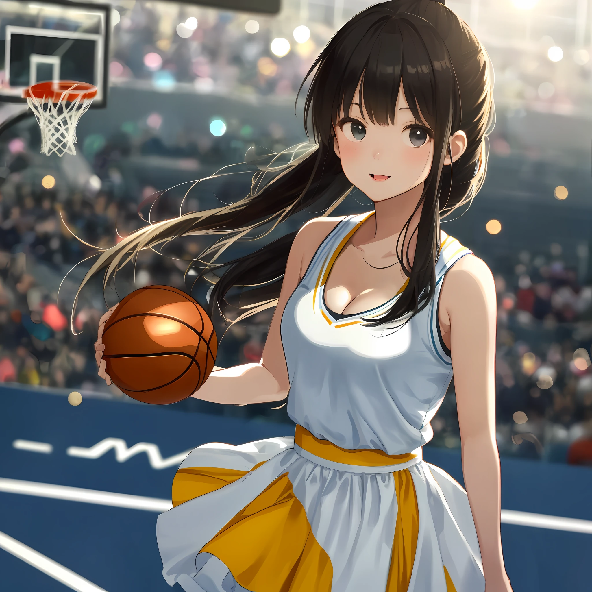 (8K, Best Quality, Masterpiece: 1.2), (Realistic, Realistic: 1.37), Ultra Detailed, Best Quality, High Detail, Perfect Face Shape, Cleavage, Transparent, Back, Ultra High Resolution, Professional Lighting, Photon Mapping, Telesity, Physically Based Rendering, Film Lighting, Third Person View, Basketball Court, NBA Game Scene, Full Audience Cheers, Dunk, Depth of Field, Clear Focus, Sunlight, Good Composition, (Bokeh: 1.2) 1girl, Solo, (Full Body), (Mouth Closed ), beautiful and delicate eyes, posture, panting, narrow waist, skirt, basketball babe, black hair, ponytail, long hair fluttering in the wind, (ulzzang-6500:1.2) mix4, hiqcgbody