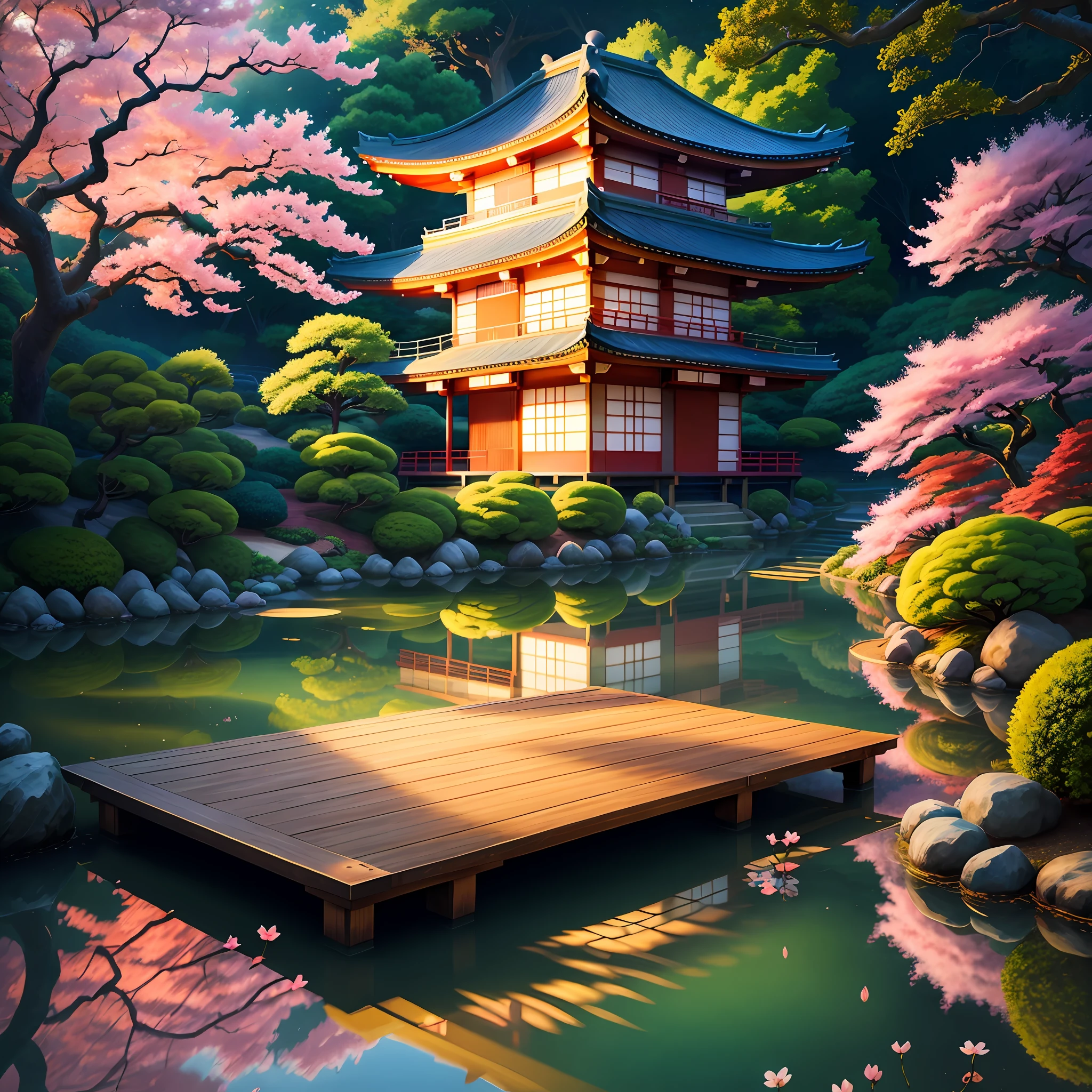 (digital painting),(best quality), serene Japanese garden, cherry blossoms in full bloom, koi pond, footbridge, pagoda, Ukiyo-e art style, Hokusai inspiration, Deviant Art popular, 8k ultra-realistic, pastel color scheme, soft lighting, golden hour, tranquil atmosphere, landscape orientation