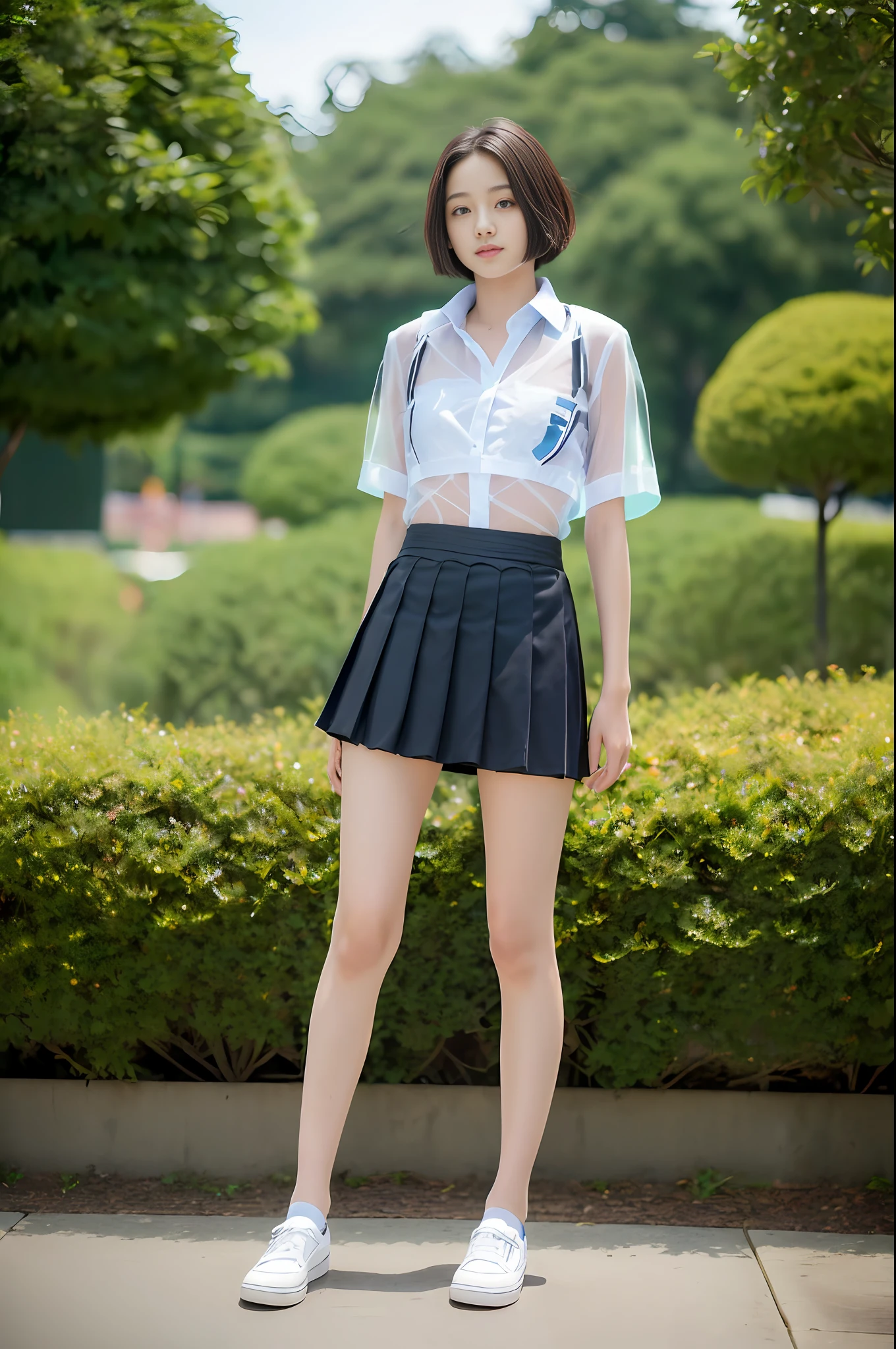 18 years old female, long hair, RAW photo, bokeh (realism: 1.4, realistic), high detail CG unified 8K wallpaper, 1girl, ((slim body: 1)), (small breasts: 1), back to viewer, ((direct view from the front)), (HQ skin: 1.4), 8k uhd, dslr, soft light, high quality, film grain, Fujifilm XT3, ((school uniform, short skirt,see through shirt:1.5)), ((outdoor, at park))) jangjoo, portrait,((Layered short Haircut, black hire,small breast:1.2)),(looking at viewer:1.4),(full body:1.8)