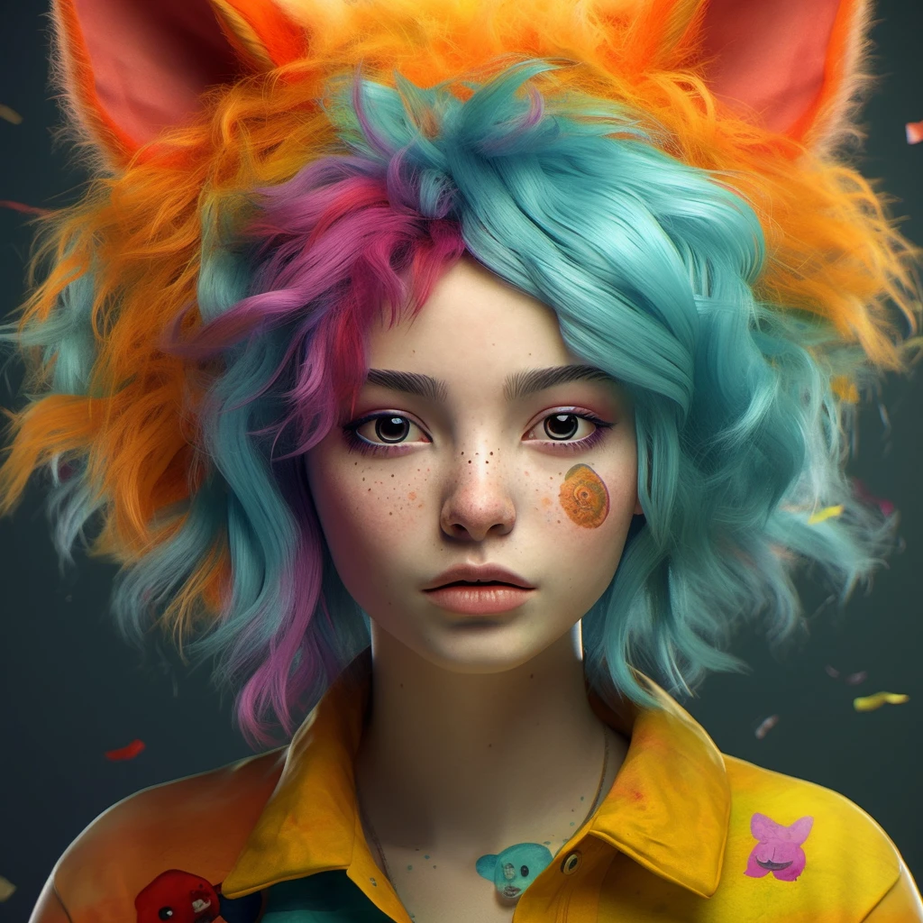 multicolored hair, animal ears, Ghibli-like colours, UHD, 8k, highres, high details