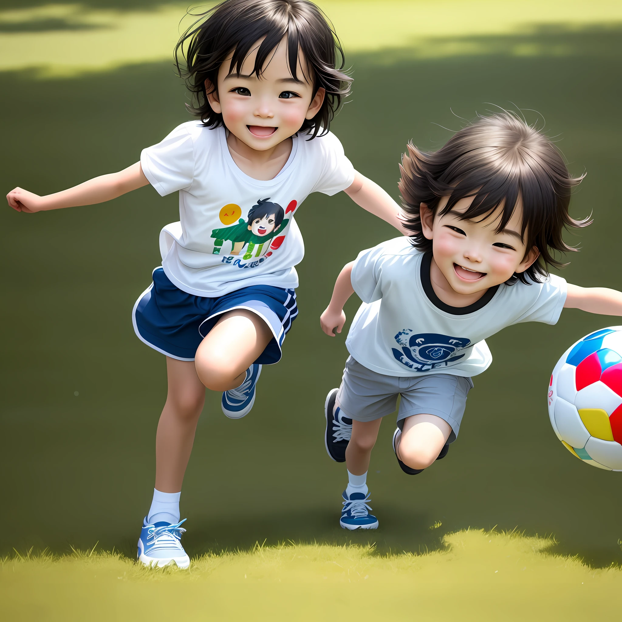 A foreign cute child is playing a game, his face is with a bright smile, his eyes are shining with excitement, he is running on the grass with a toy in his hand, the atmosphere of pleasure and joy, making people feel warm and comfortable, live-action model drawings, fine, high quality, 4K quality, high resolution, rich details, the surrounding environment is children playing and playing