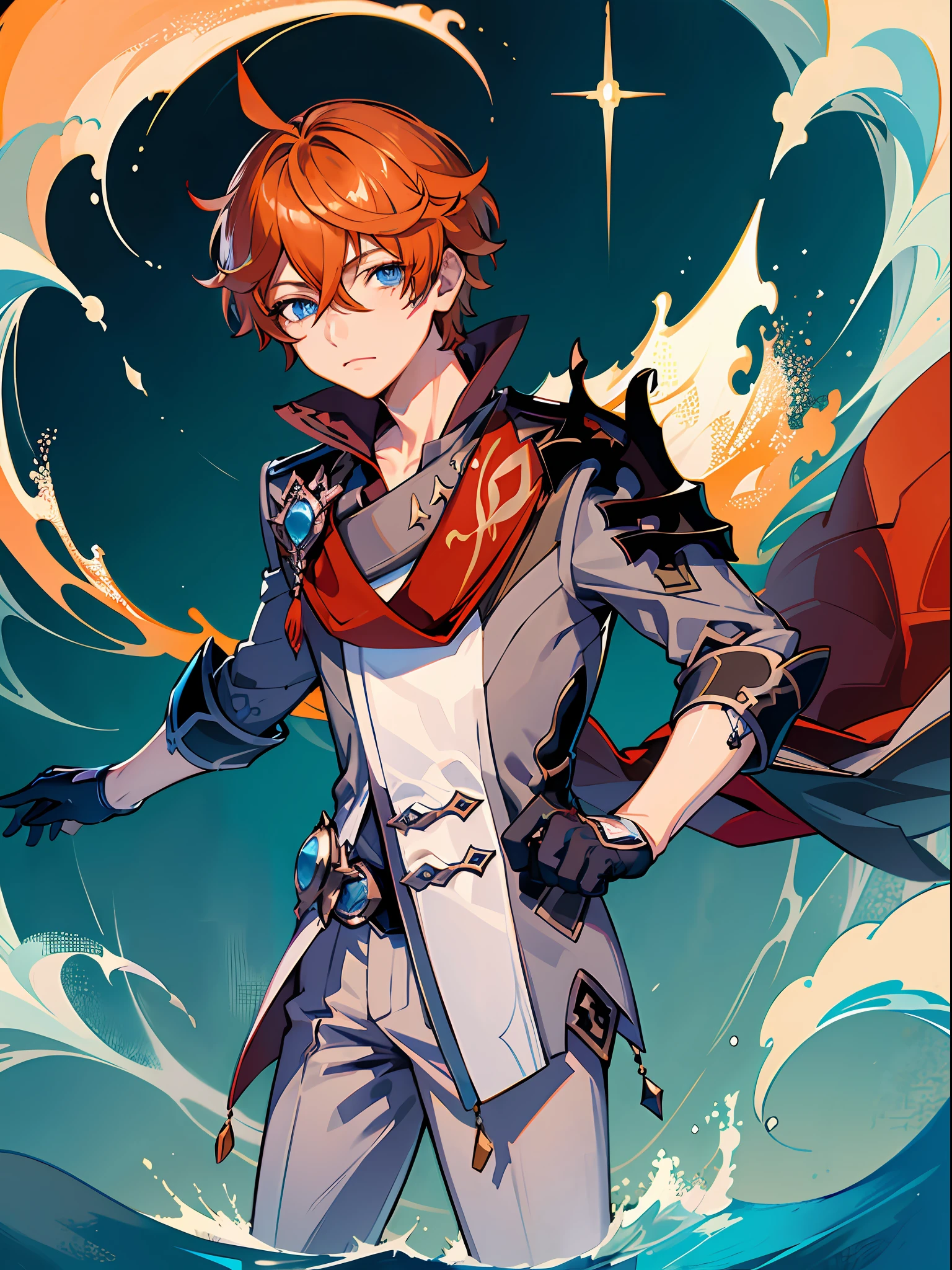 Masterpiece, best quality, tartaglia (genshin impact), gloves, mask, male focus, 1boy, blue eyes, black gloves, solo, orange hair, bangs, water, jacket, hair between the eyes, jewelry, scarf,