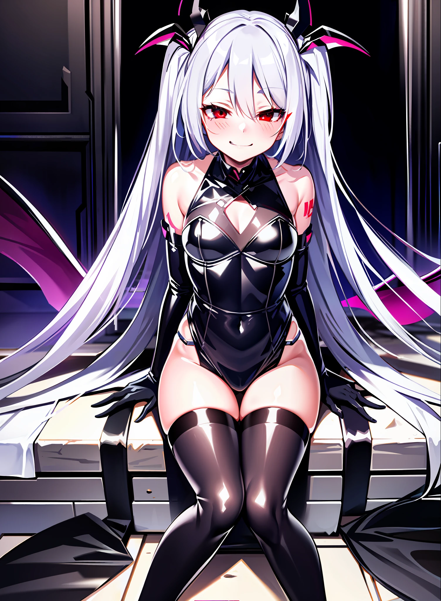 Miku, naughty expressions, naughty smells, erotics, sitting poses, stockings, brainwashing, red eyes, black clothes, evil smiles, dark aura, evil aura, dark household, brainwashing clothes,