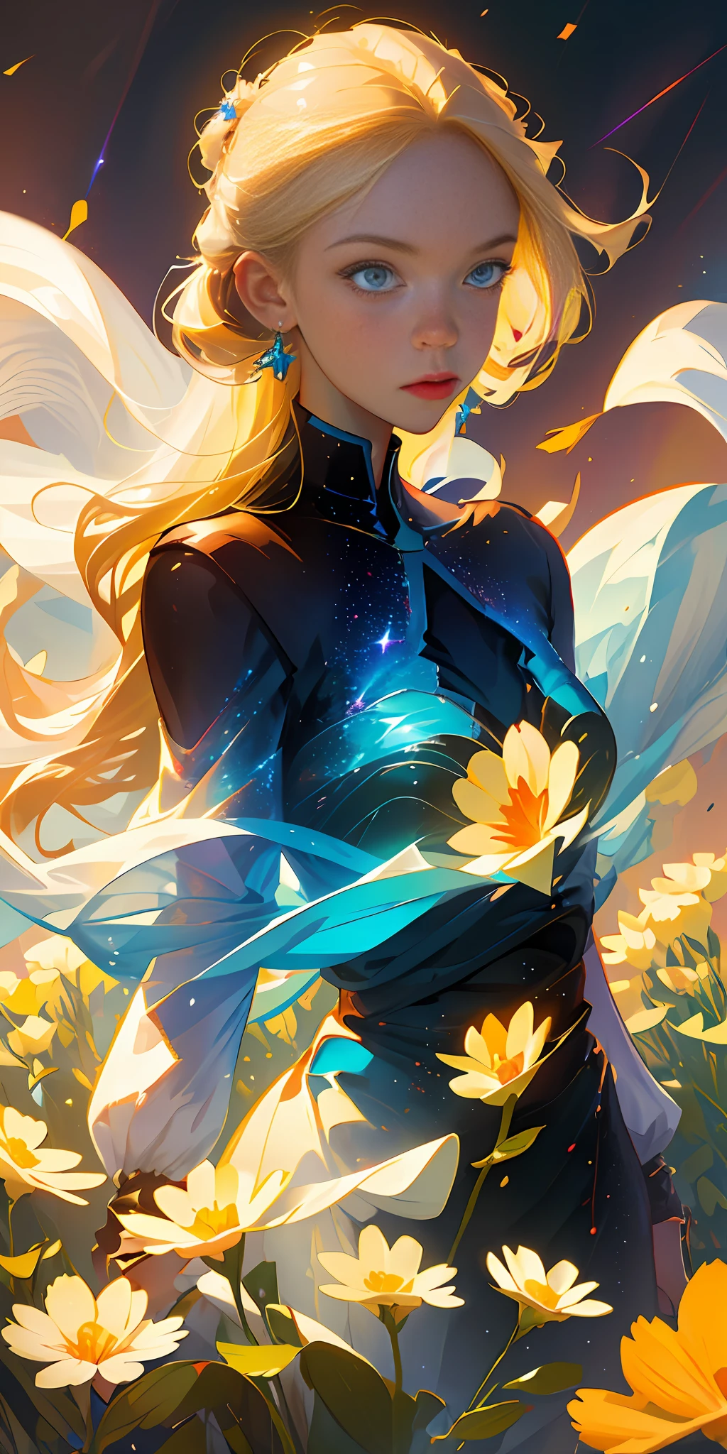 (best quality, masterpiece), 1girl, pose, particle, wind, flower, upper body, simple background, looking at viewer, blonde, galaxy,
