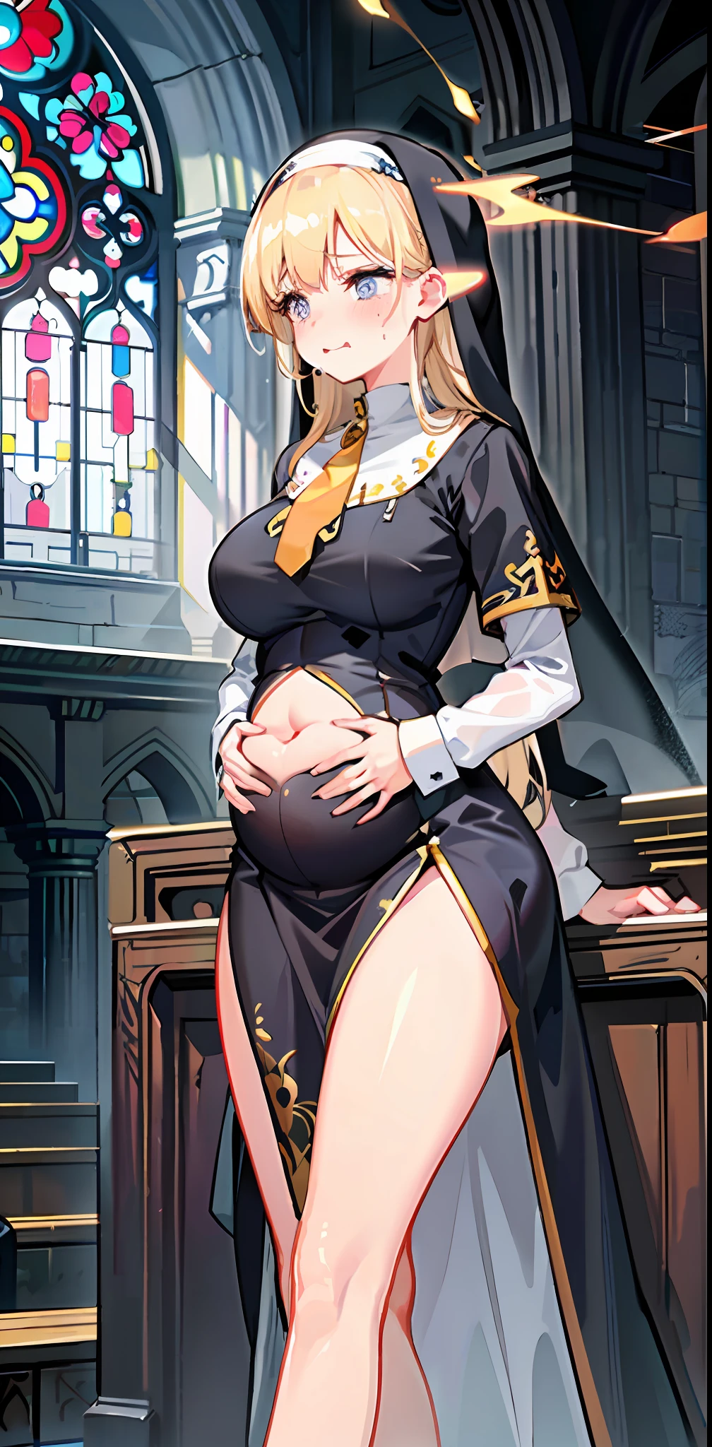 Adult female, steam age, British, blonde hair, church, nun dress, (navel: 1.2), tears, (pregnancy: 1.3), (tiredness: 1.1), messy hair, (heavy breathing: 1.1), tongue sticking out, (saliva: 1.3), blushing, (pain: 1.3), hands covering the stomach