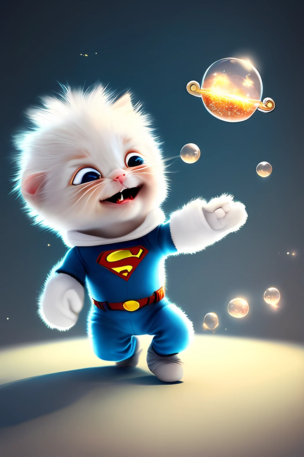 Pixar style, 3D, cute and cute white-haired kitten Superman, big eyes, laughter, excitement, floating in space, Jean-Baptiste Monge, anthropomorphic, dramatic lighting