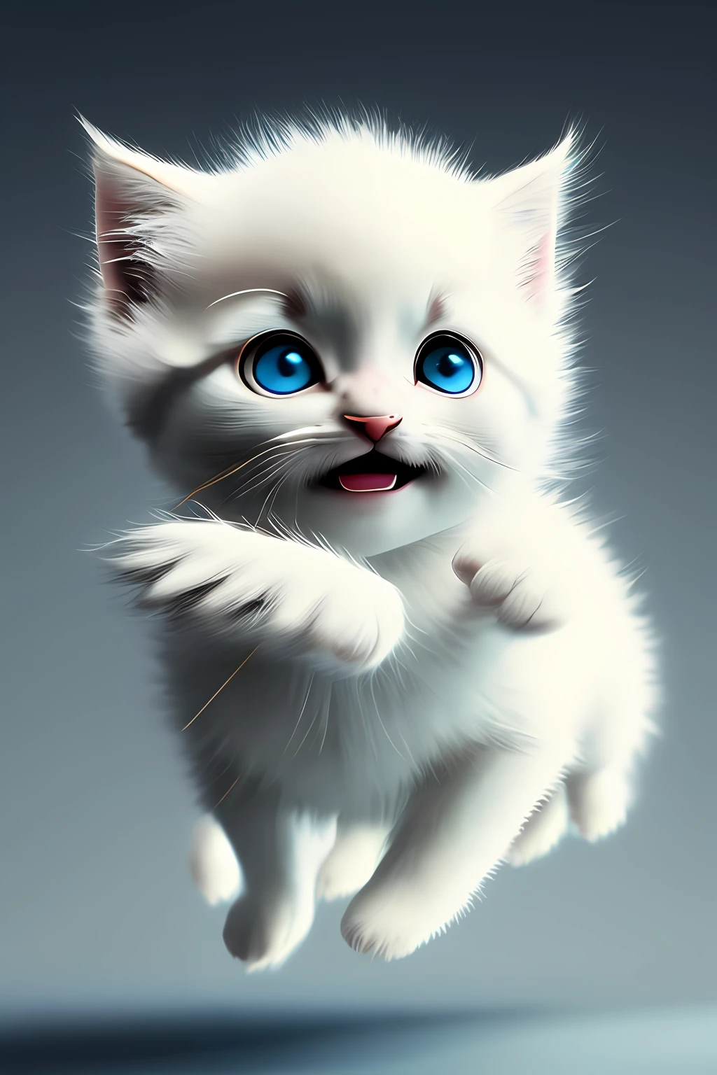 Pixar style, 3D, cute and cute white-haired kitten Superman, big eyes, laughter, excitement, floating in space, Jean-Baptiste Monge, anthropomorphic, dramatic lighting