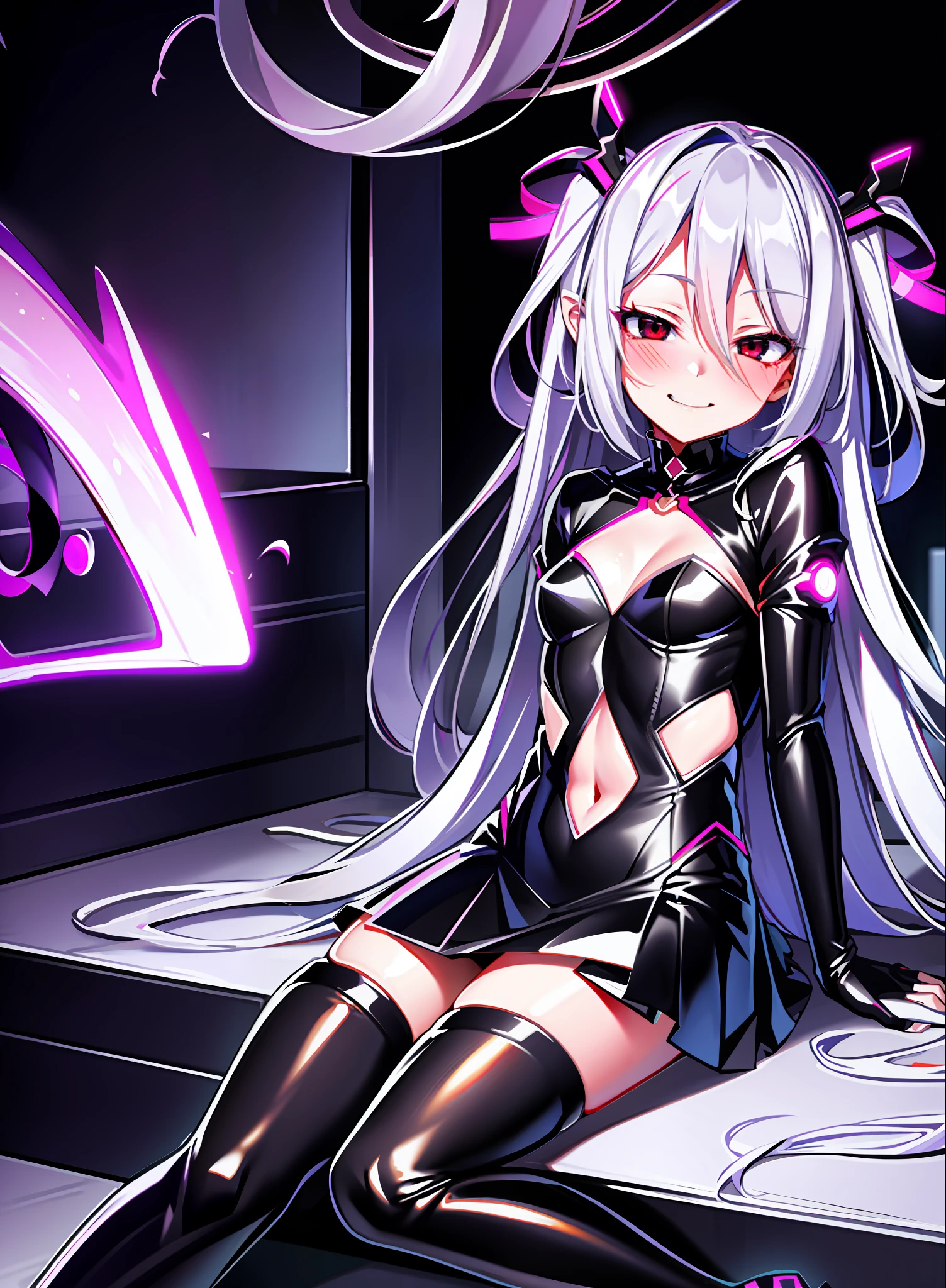 Miku, naughty expressions, naughty smells, erotics, sitting poses, stockings, brainwashing, red eyes, black clothes, evil smiles, dark aura, evil aura, dark household, brainwashing clothes,