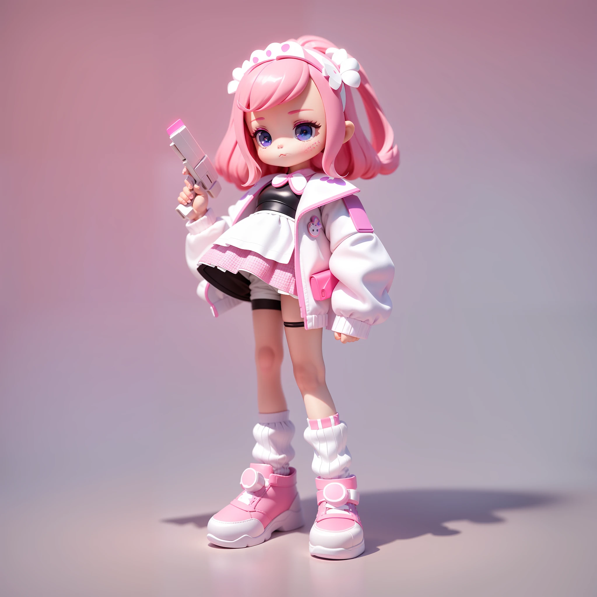 Blind Box Toy Style, a cute girl with pink hair, white lace headdress, black and white maid skirt, bright purple leather fashion jacket outside, holding a white pistol in her right hand, natural drooping left hand, long legs, pile socks, threaded white socks, stylish sneakers