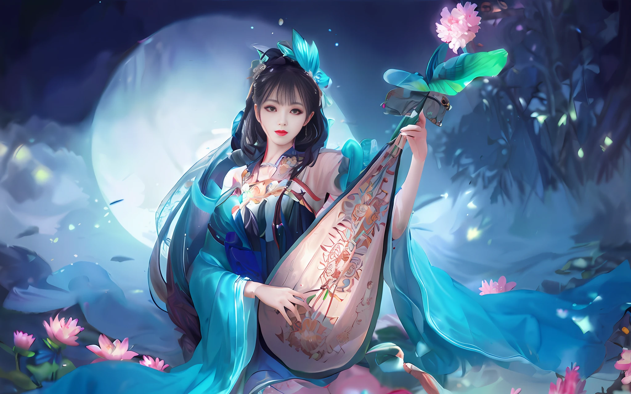 Best quality, masterpiece, most of the body, (background: garden), 1 girl, mature woman, chinoiserie, ancient China, sister, dancer, dark brown hair, dark hair, princess cut, twisted braid, curly hair, double ball head, coiled hair, streamer, pale pink lips, calm, intellectual, tassel, silver thread, beaded, peony flower, robe, silk skirt, embroidery, delicate face, close-up, light-colored clothes, pretty face, realistic, edge lighting, two-tone lighting, (high detail skin :1.2), 8K UHD, DSLR, Soft Light, High Quality, Photo, High Resolution, 4K, 8K, Background Bokeh, Lute, Headgear