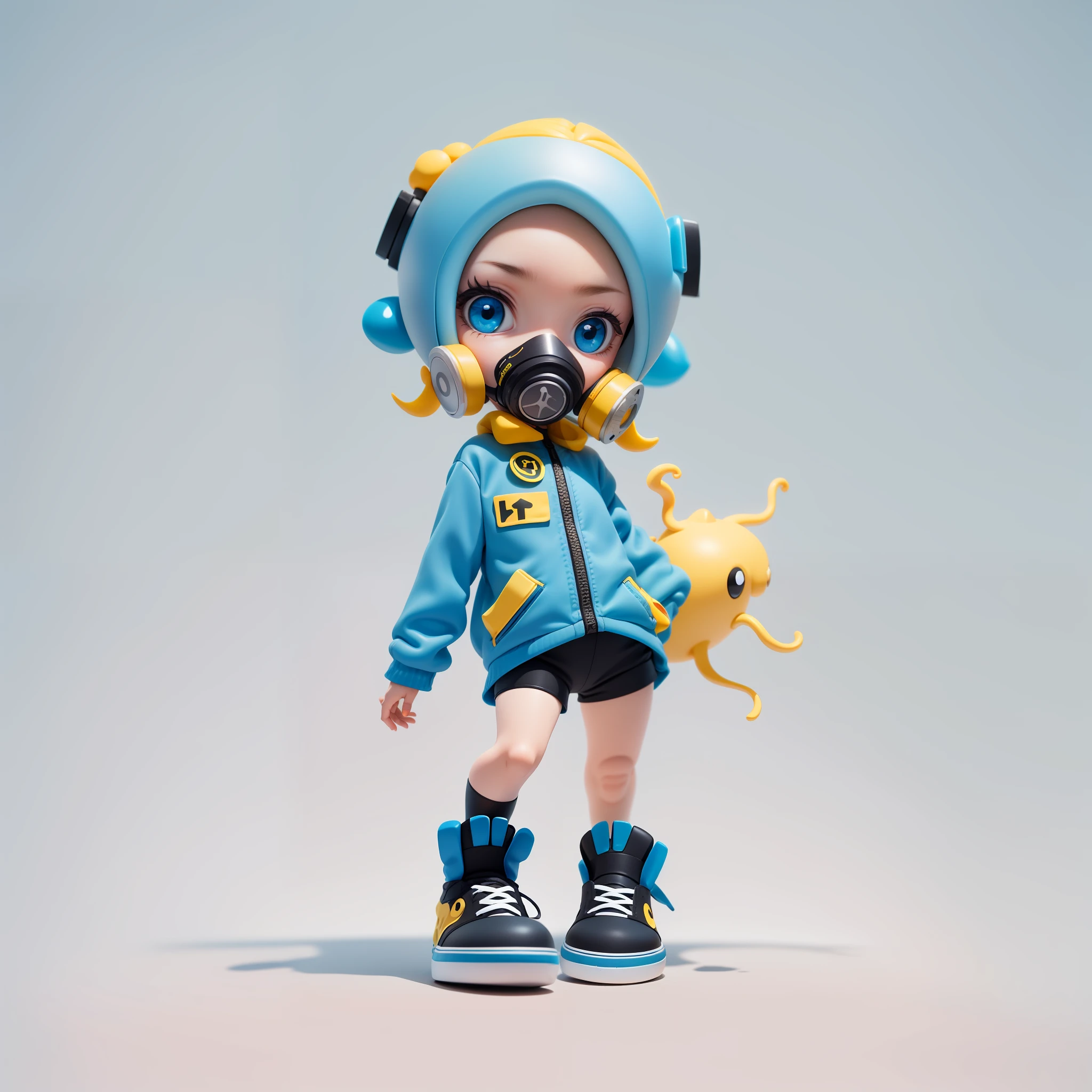 Blind Box toy style, a cute little girl with yellow octopus hair, blue eyes, with a gas mask, stylish gray top, black tight shorts, stylish sneakers