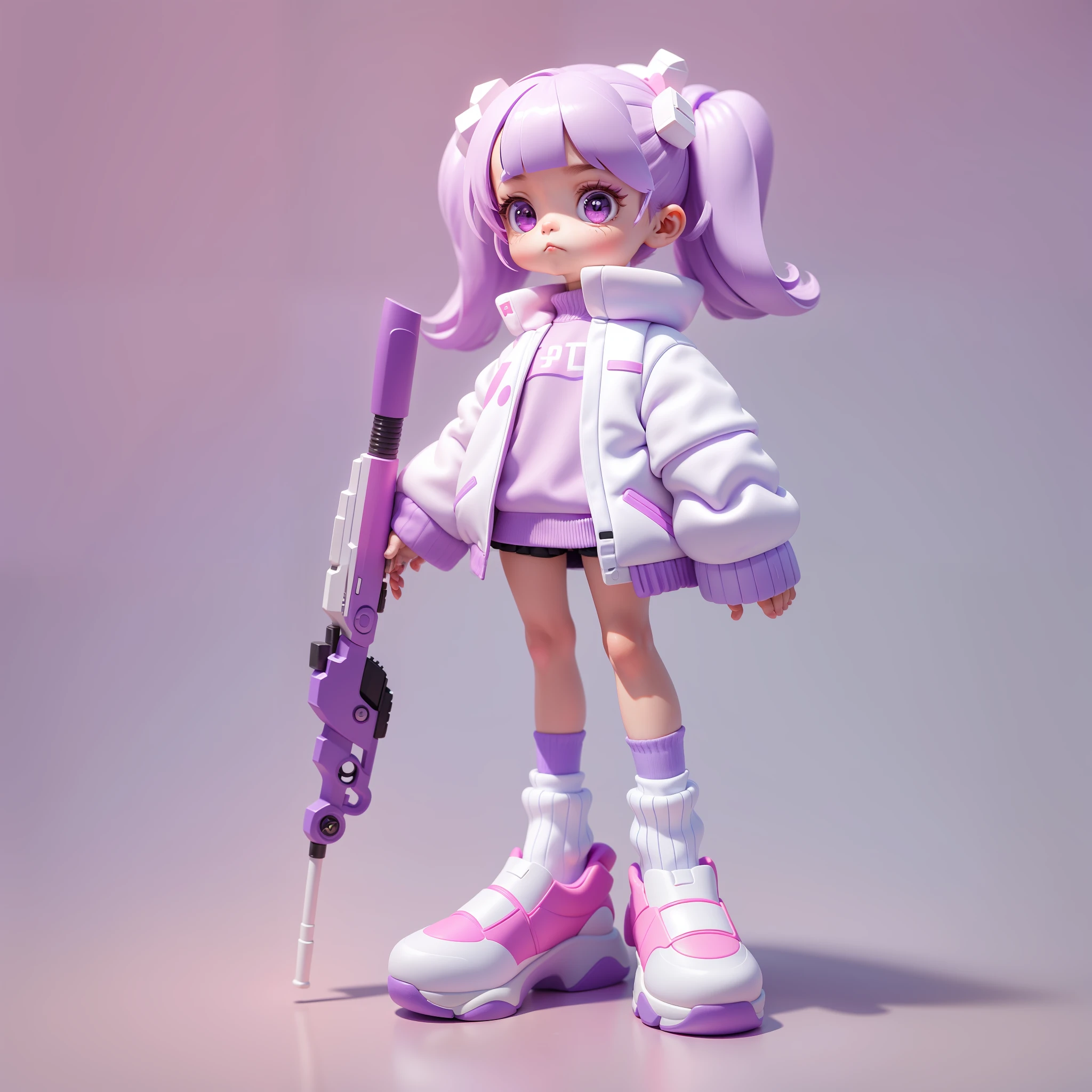 Blind Box toy style, a cute , pink double ponytail, white headdress, purple eyes, stylish lilac coat, holding a blue high-tech shotgun in her right hand, natural drooping left hand, long legs, pile socks, threaded white socks, stylish lilac sneakers