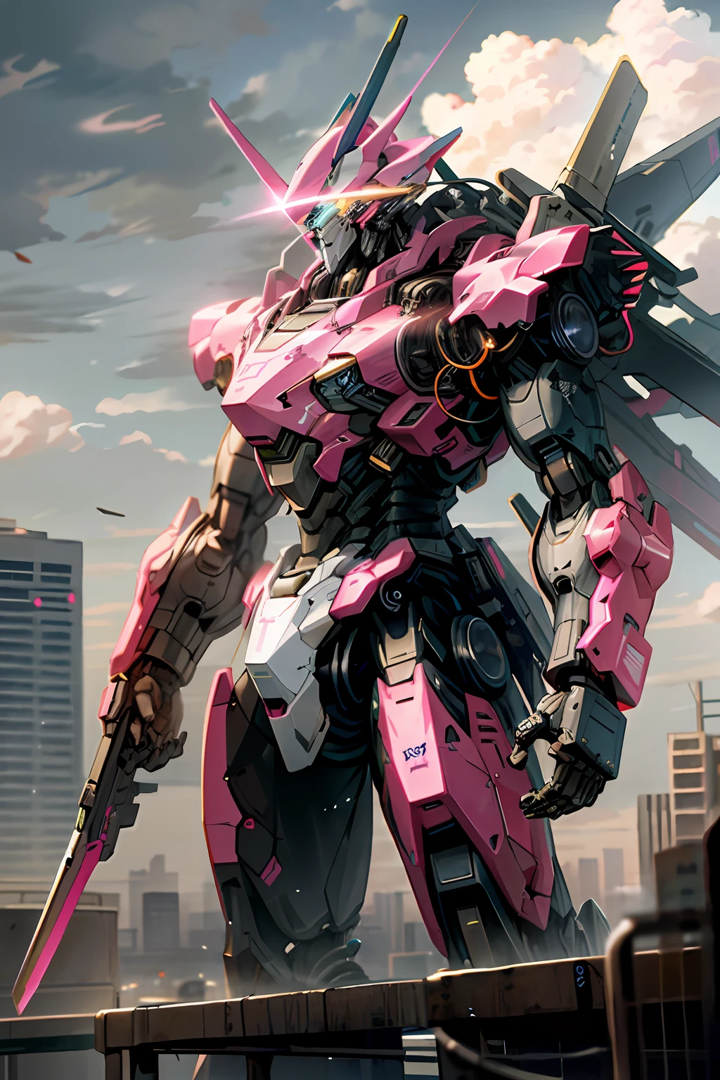 sky, cloud, holding_weapon, no_humans, glowing, , robot, building, glowing_eyes, mecha, science_fiction, city, realistic,pink mecha