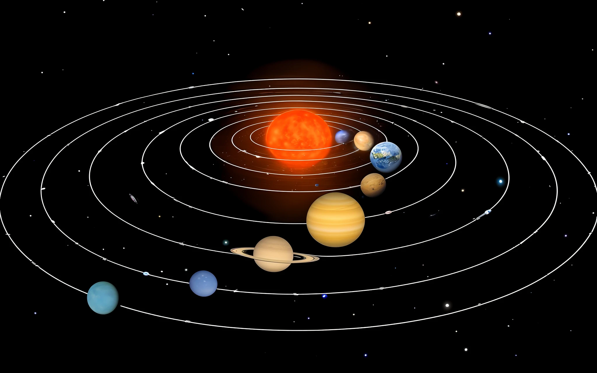 Close-up of planetary maps in the solar system, planetary orbits, solar system, bright sun, super high resolution, (realistic:1.4), super detailed, masterpiece, photon mapping, detailed and complex environment, highly detailed