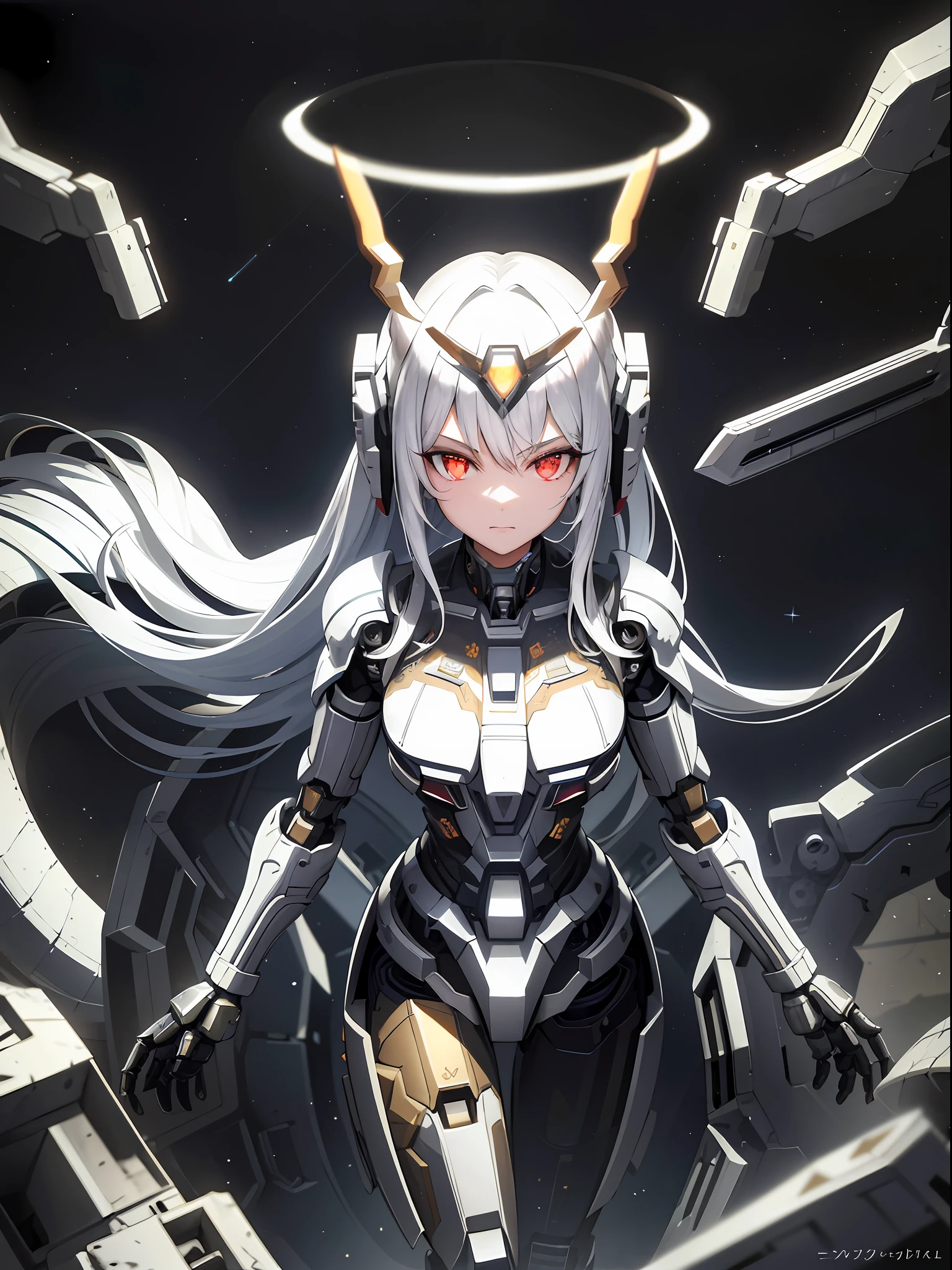 masterpiece,best quality,ultra-detailed,very detailed illustrations,extremely detailed,intricate details,highres,super complex details,extremely detailed 8k cg wallpaper,cowboy shot, caustics,reflection,ray tracing,demontheme,nebula,dark aura,cyber effect, (1girl:1.4),solo,alone,mecha musume,mechanical parts, robot joints,single mechanical arm, headgear, mechanical halo,star halo,intricate mechanical bodysuit, mecha corset, kimono, full armor, very long hair,white hair, hair between eyes, multicolored hair, colored inner hair, red eyes,glowing eye,eye trail, random expressions,random action, ancient japanese architecture,pond, starry sky,skyline,