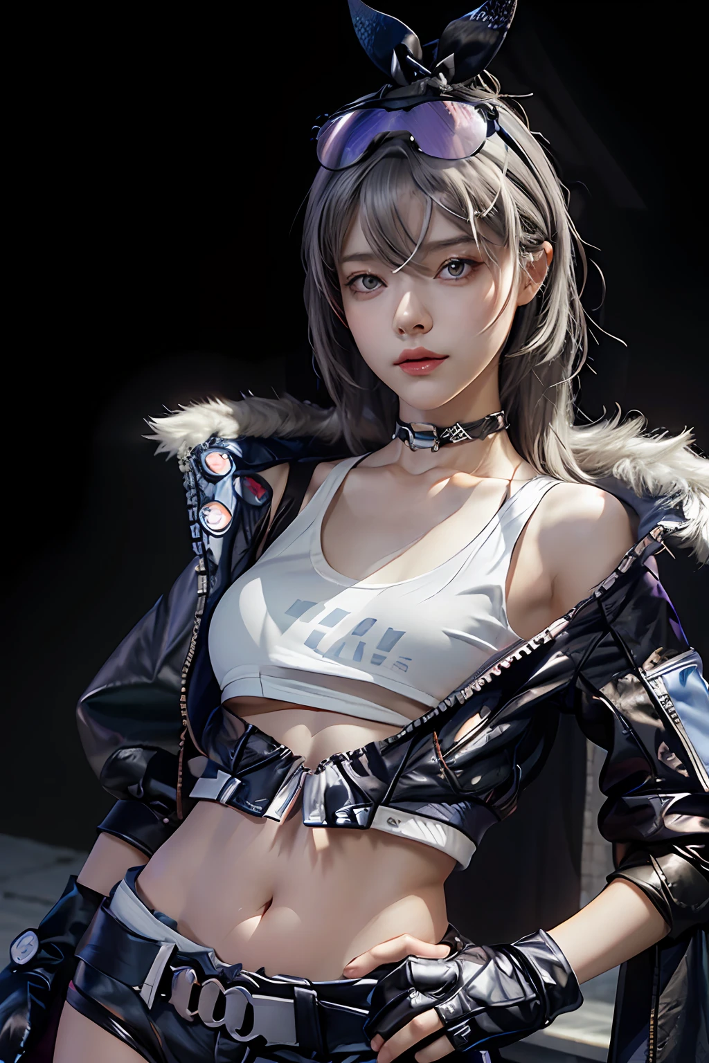 (RAW photo, best quality), (realistic, photo-realistic:1.3), masterpiece, an extremely delicate and beautiful, extremely detailed, CG, unity , 2k wallpaper, Amazing, finely detail, light smile, extremely detailed CG unity 8k wallpaper, huge filesize, ultra-detailed, highres, absurdres, soft light, fantasy,cyberpunk,outdoors universe space,cyberpunk city, 1girl, SilverWolfV4, (full body:0.8), ((small breasts)), solo, cute, young, realistic face, chibi, beautiful detailed girl, silk grey white hair, long hair, grey eyeballs, extremely detailed eyes and face, beautiful detailed nose, beautiful detailed eyes, long eyelashes, realistic body,looking at viewer, detailed fingers, beautiful detailed thigh, shirt, gloves, long sleeves, navel, jewelry, jacket, white shirt, thighs, shorts, choker, black gloves, midriff, belt, fingerless gloves, armpits, stomach, black jacket, crop top, hand on hip, short shorts, thigh strap, blue background, black shorts, eyewear on head, bubble blowing, chewing gum