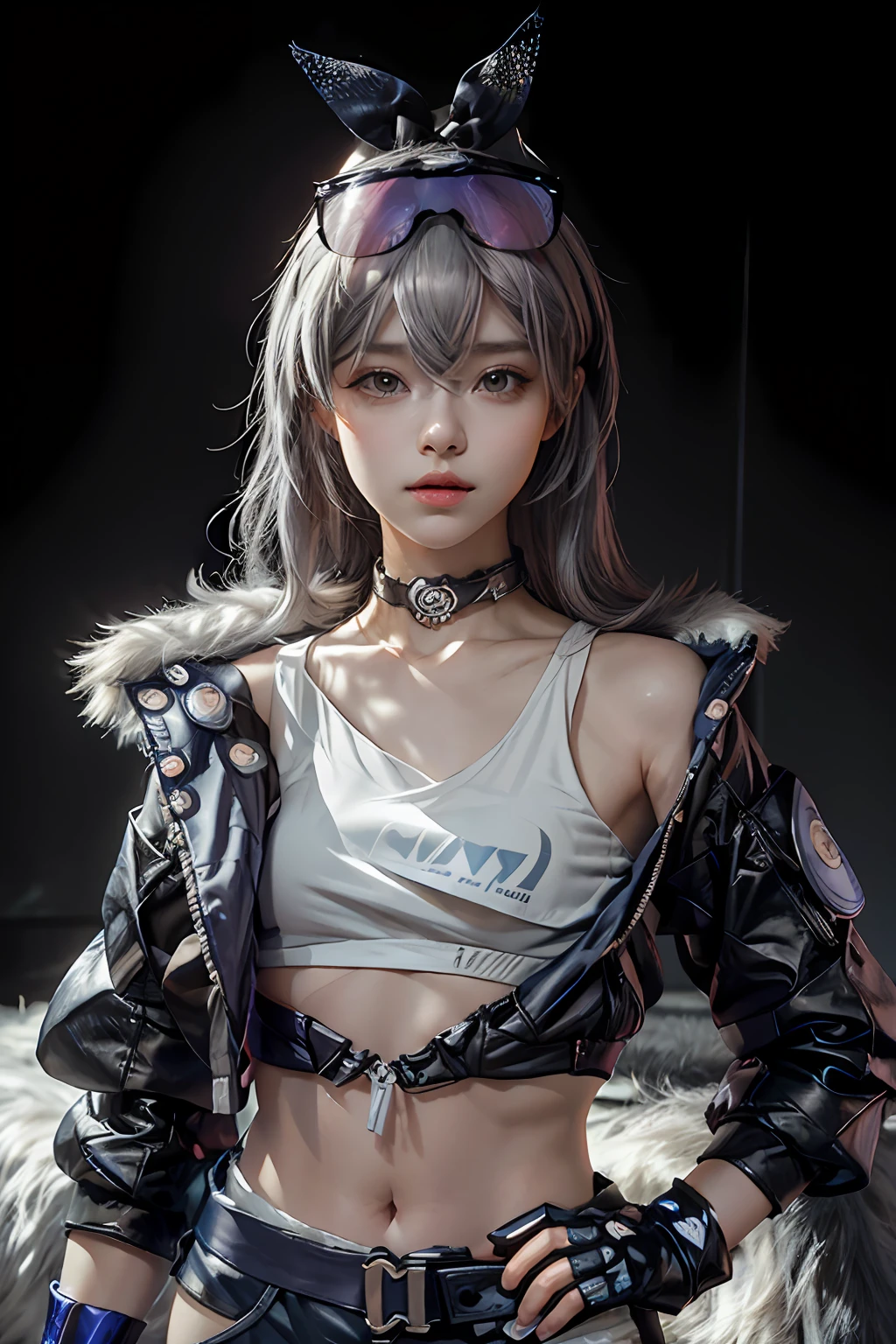(RAW photo, best quality), (realistic, photo-realistic:1.3), masterpiece, an extremely delicate and beautiful, extremely detailed, CG, unity , 2k wallpaper, Amazing, finely detail, light smile, extremely detailed CG unity 8k wallpaper, huge filesize, ultra-detailed, highres, absurdres, soft light, fantasy,cyberpunk,outdoors universe space,cyberpunk city, 1girl, SilverWolfV4, (full body:0.8), ((small breasts)),  solo, cute, young, realistic face, chibi, beautiful detailed girl,  silk grey white hair, long hair, grey eyeballs, extremely detailed eyes and face, beautiful detailed nose, beautiful detailed eyes, long eyelashes, realistic body,looking at viewer, detailed fingers, beautiful detailed thigh, shirt, gloves, long sleeves, navel, jewelry, jacket, white shirt, thighs, shorts, choker, black gloves, midriff, belt, fingerless gloves, armpits, stomach, black jacket, crop top, hand on hip, short shorts, thigh strap, blue background, black shorts, eyewear on head, bubble blowing, chewing gum