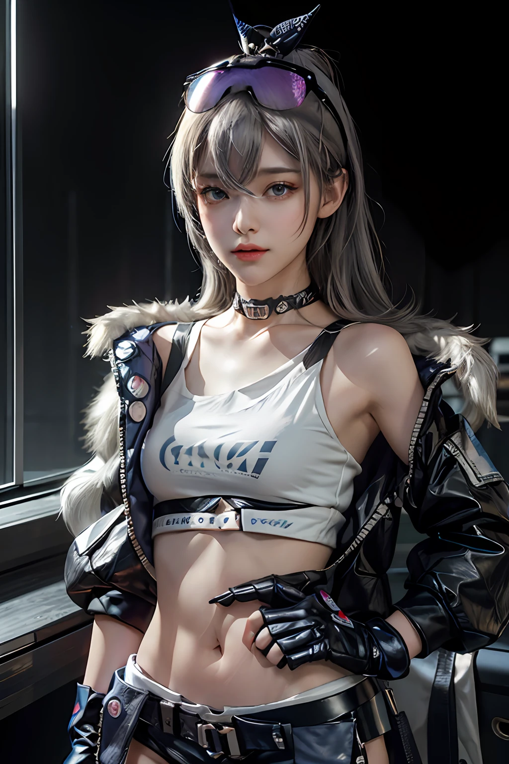 (RAW photo, best quality), (realistic, photo-realistic:1.3), masterpiece, an extremely delicate and beautiful, extremely detailed, CG, unity , 2k wallpaper, Amazing, finely detail, light smile, extremely detailed CG unity 8k wallpaper, huge filesize, ultra-detailed, highres, absurdres, soft light, fantasy,cyberpunk,outdoors universe space,cyberpunk city, 1girl, SilverWolfV4, (full body:0.8), ((small breasts)), solo, cute, young, realistic face, chibi, beautiful detailed girl, silk grey white hair, long hair, grey eyeballs, extremely detailed eyes and face, beautiful detailed nose, beautiful detailed eyes, long eyelashes, realistic body,looking at viewer, detailed fingers, beautiful detailed thigh, shirt, gloves, long sleeves, navel, jewelry, jacket, white shirt, thighs, shorts, choker, black gloves, midriff, belt, fingerless gloves, armpits, stomach, black jacket, crop top, hand on hip, short shorts, thigh strap, blue background, black shorts, eyewear on head, bubble blowing, chewing gum