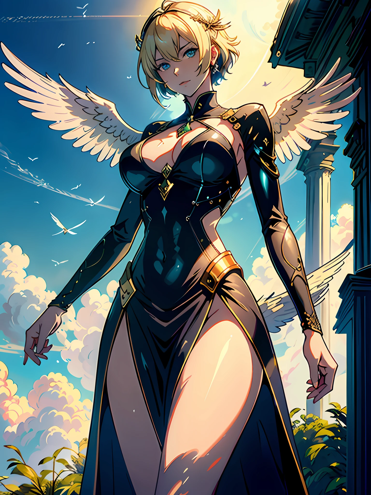 (masterpiece), (best quality), (official art, extremely detailed CG unity 8k wallpaper), (highly detailed), ((absurdres)),((1girl)),extremely detailed eyes,queen of ecstasy,goddess,powerful,majestic,style of madhouse studio anime,fantasy,curtains,respectful expression,calm, tall body, wide hips, big breast, sexypose, angel flying , detailed face, detailed eyes, detailed 2 wings, long wings,tall body,slim waist,blonde,sexy dress, extremely detailed, feathers, sky, cloud, sun, shine, angelic halo, fantasy, octane render, bioluminescent, Shinkai Makoto, smiling,