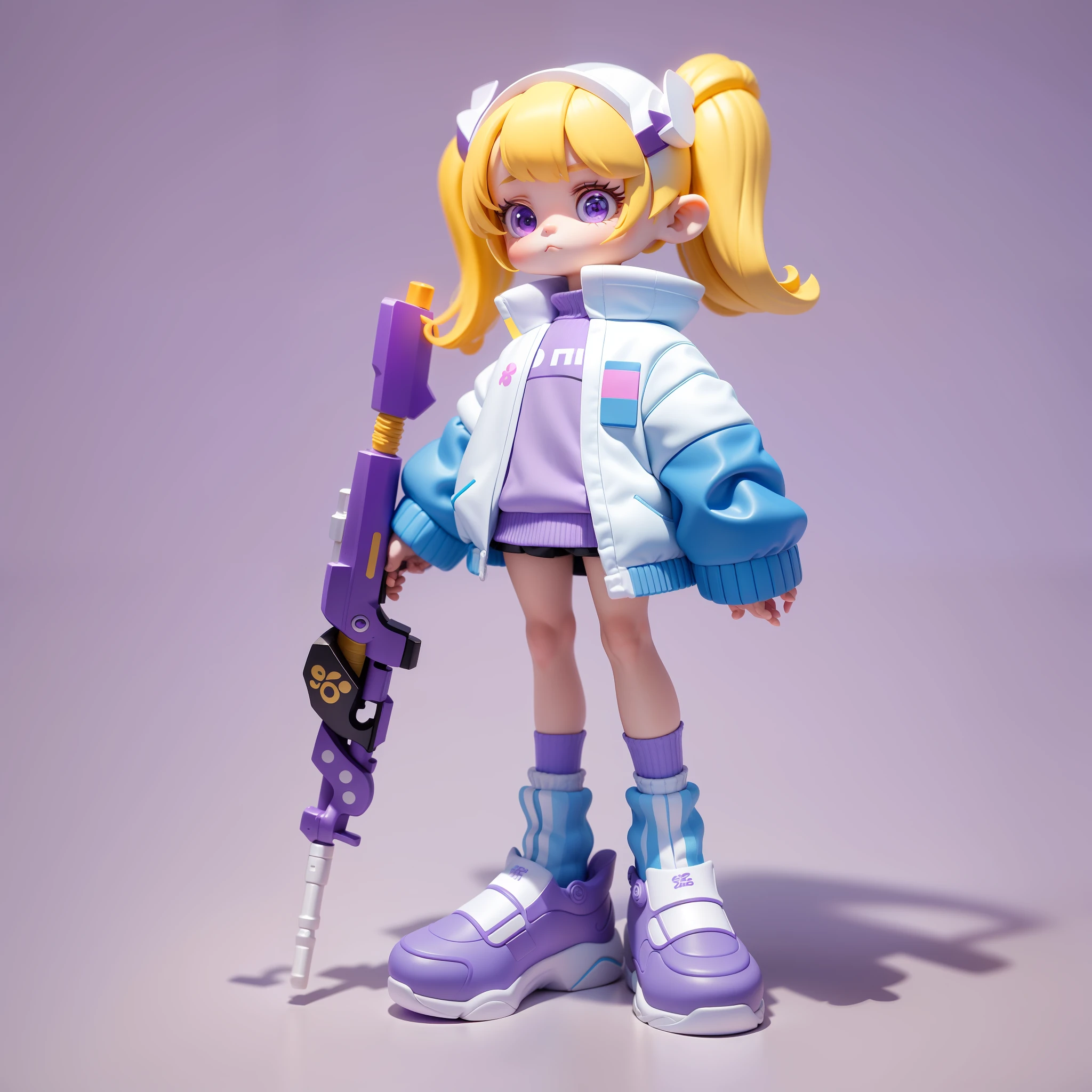 Blind Box toy style, a cute little girl with yellow hair, double ponytail, white headdress, purple eyes, stylish lilac coat, a blue high-tech shotgun in her right hand, natural drooping left hand, long legs, piled socks, threaded white socks, stylish lilac sneakers