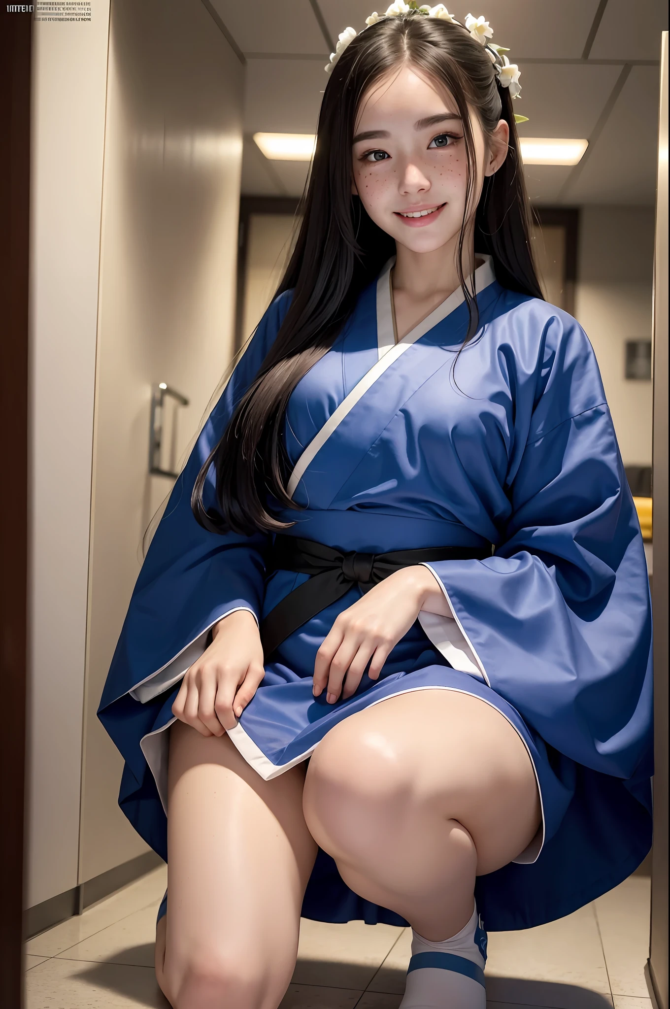 1girl, white skin, long hair, korean, young, bright blue eyes, thick eyebrows, freckles on skin, head tilted, one ear out, smiling, teeth out, black hanbok, small waist, wide thighs, wide thigh gap, on all fours, inside restroom cubicle, hyper-realistic, high detail, 8k, masterpiece