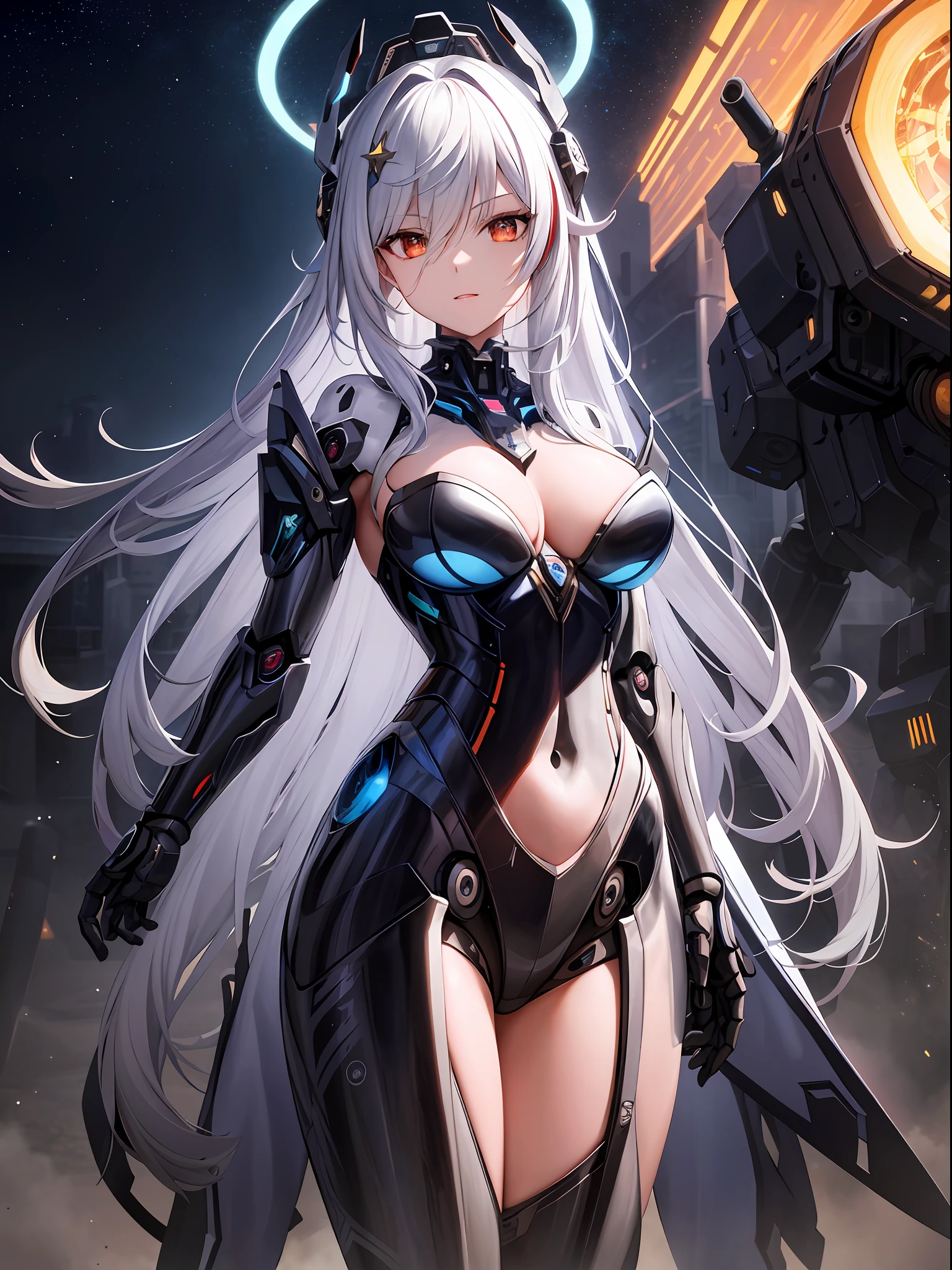 masterpiece,best quality,ultra-detailed,very detailed illustrations,extremely detailed,intricate details,highres,super complex details,extremely detailed 8k cg wallpaper,cowboy shot, caustics,reflection,ray tracing,demontheme,nebula,dark aura,cyber effect, (1girl:1.4),solo,alone,mecha musume,mechanical parts, robot joints,single mechanical arm, headgear, mechanical halo,star halo,intricate mechanical bodysuit, mecha corset, kimono, full armor, very long hair,white hair, hair between eyes, multicolored hair, colored inner hair, red eyes,glowing eye,eye trail, random expressions,random action, ancient japanese architecture,pond, starry sky,skyline,