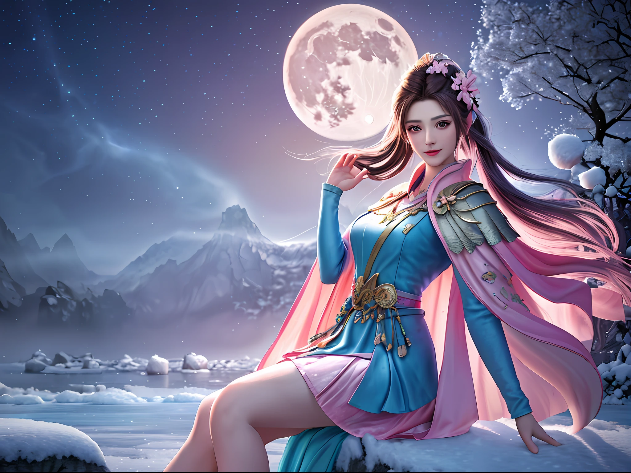 realistic, masterpiece, best quality, high quality, extremely detailed CG Unity 8k wallpaper, bokeh, depth of field, HDR, flood, chromatic aberration , realistic, very detailed, popular on art stations, popular in CG society, complex, high detail, 1girl, milf, denim shot, foot out of frame, dress, cape, ponytail, long hair, medium breasts, hair accessories, hair flowers, light smile, look away, , (((ruins)), dramatic, art by midway, fog, fantasy, mythology, pink leaves, snow, ice, night sky, full moon, starry sky, blossom, landscape, water,