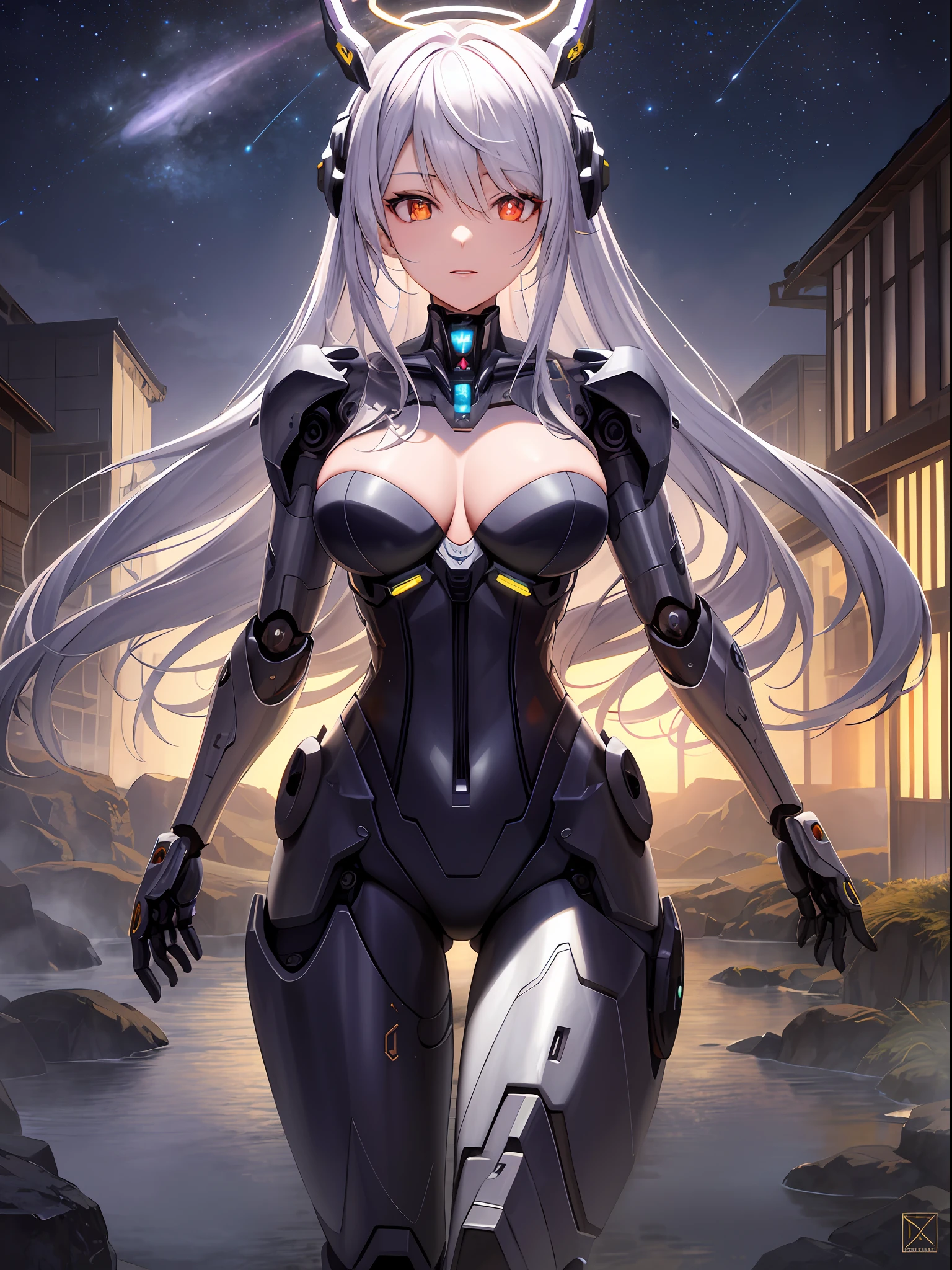 masterpiece,best quality,ultra-detailed,very detailed illustrations,extremely detailed,intricate details,highres,super complex details,extremely detailed 8k cg wallpaper,cowboy shot, caustics,reflection,ray tracing,demontheme,nebula,dark aura,cyber effect, (1girl:1.4),solo,alone,mecha musume,mechanical parts, robot joints,single mechanical arm, headgear, mechanical halo,star halo,intricate mechanical bodysuit, mecha corset, kimono, full armor, very long hair,white hair, hair between eyes, multicolored hair, colored inner hair, red eyes,glowing eye,eye trail, random expressions,random action, ancient japanese architecture,pond, starry sky,skyline,