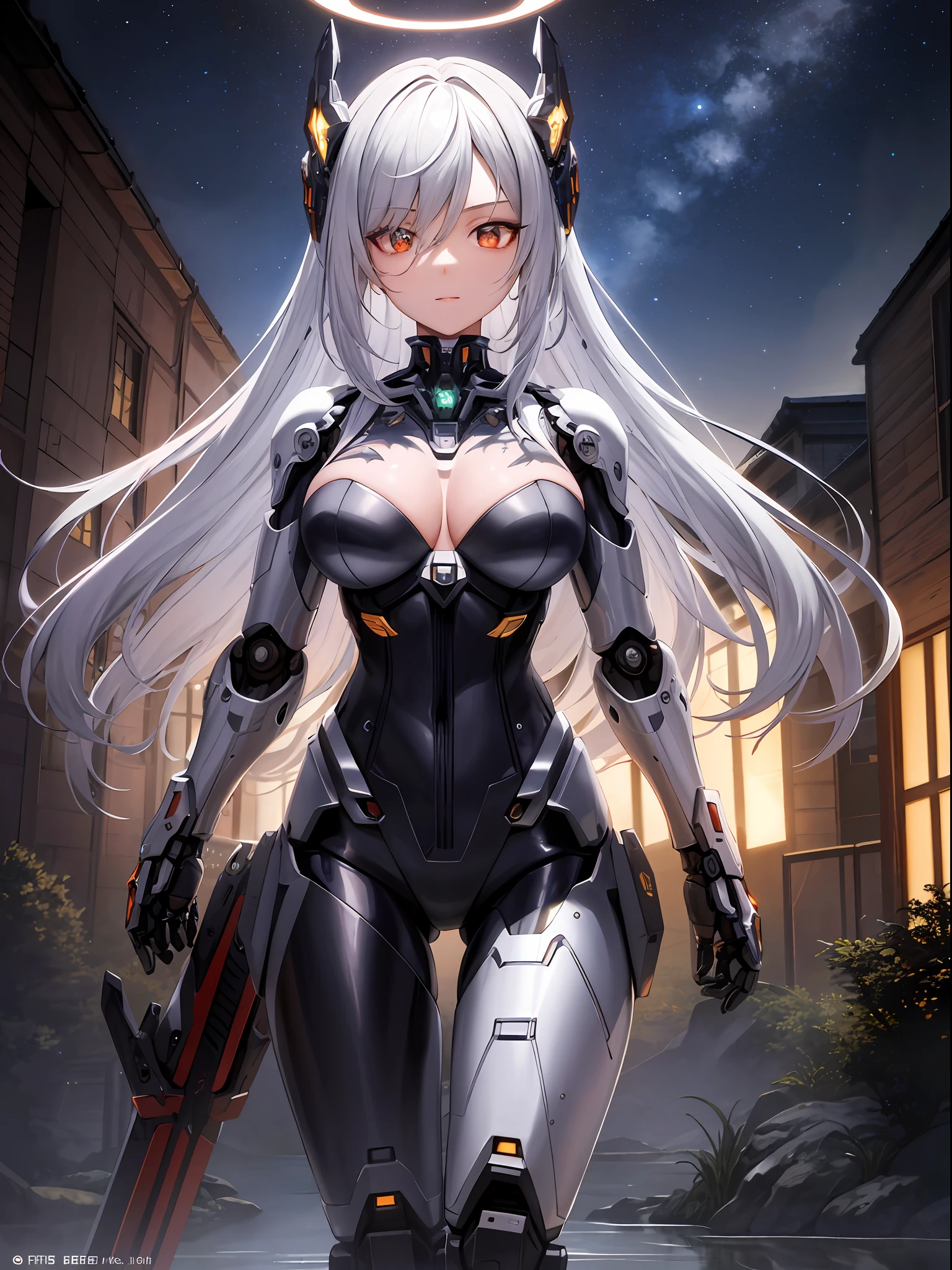 masterpiece,best quality,ultra-detailed,very detailed illustrations,extremely detailed,intricate details,highres,super complex details,extremely detailed 8k cg wallpaper,cowboy shot, caustics,reflection,ray tracing,demontheme,nebula,dark aura,cyber effect, (1girl:1.4),solo,alone,mecha musume,mechanical parts, robot joints,single mechanical arm, headgear, mechanical halo,star halo,intricate mechanical bodysuit, mecha corset, kimono, full armor, very long hair,white hair, hair between eyes, multicolored hair, colored inner hair, red eyes,glowing eye,eye trail, random expressions,random action, ancient japanese architecture,pond, starry sky,skyline,