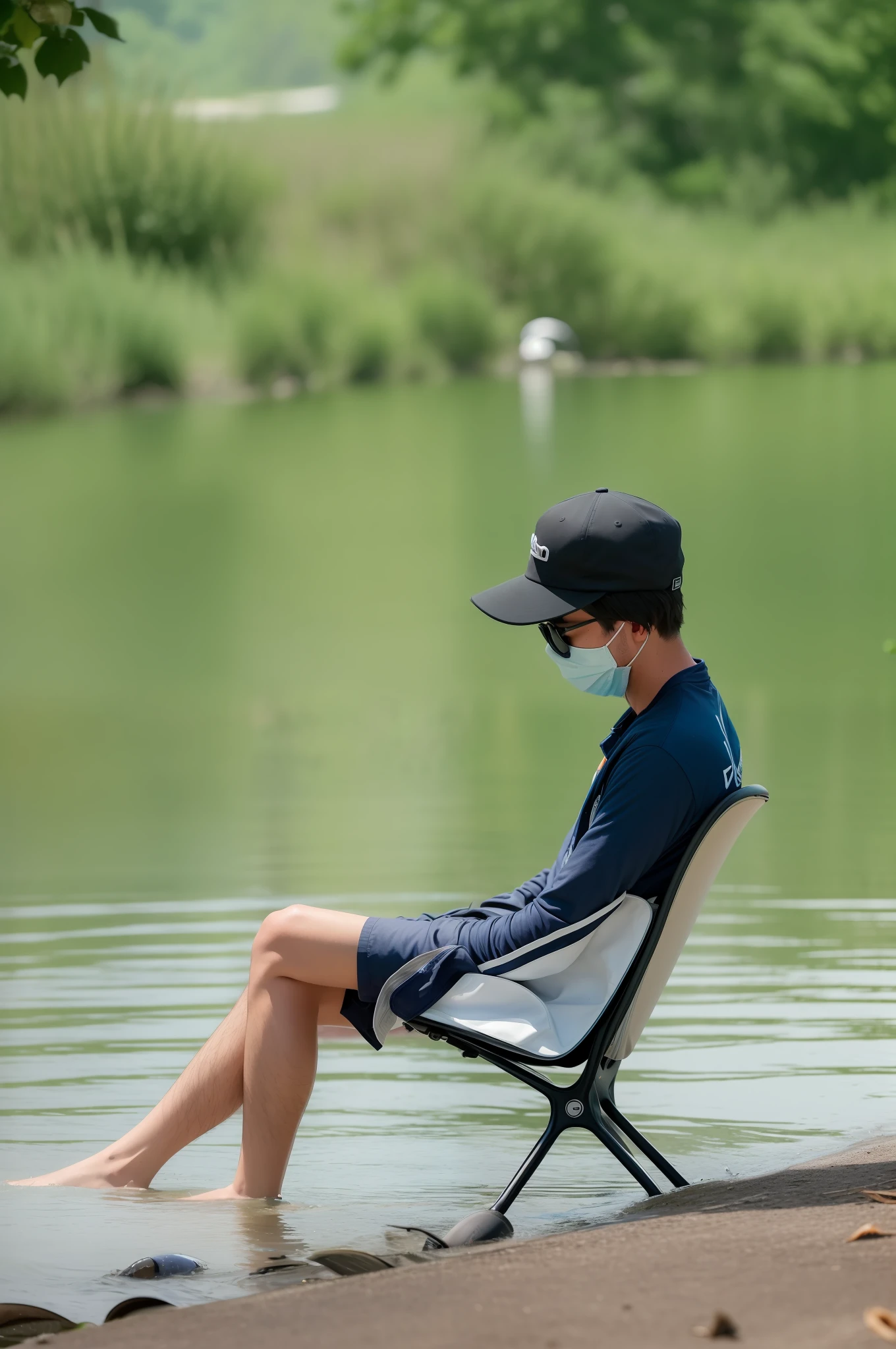 there is a man sitting in a chair by the water, sitting near a river, wearing facemask and sunglasses, visor covering eyes, wearing a fisher 🧥, sitting at a pond, wearing sunglasses and a cap, hat covering eyes, wearing wide sunhat, visor over face, sitting in front of a lake, point of view of visor wearer