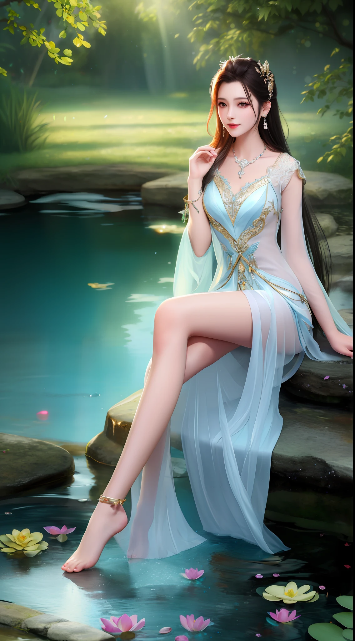 Best quality, masterpiece, high resolution, 1girl, transparent silk dress, beautiful face, hair accessories, sitting by the pond to wash your feet, one foot splashing, girl  smile, hair accessories, necklaces, jewelry, long hair, earrings, rounded feet, perfect toes, Tyndall effect, realism, dark studio, edge lighting, two-tone lighting, (high detail skin: 1.2), soft light, high quality, volumetric lighting, high resolution, 8k, background bokeh