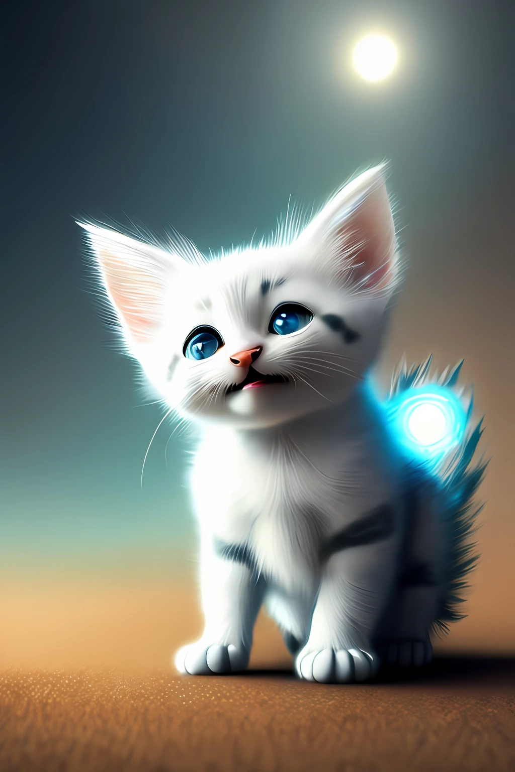 Pixar style, 3D, cute and cute white-haired kitten Superman, big eyes, laughter, excitement, floating in space, Jean-Baptiste Monge, anthropomorphic, dramatic lighting