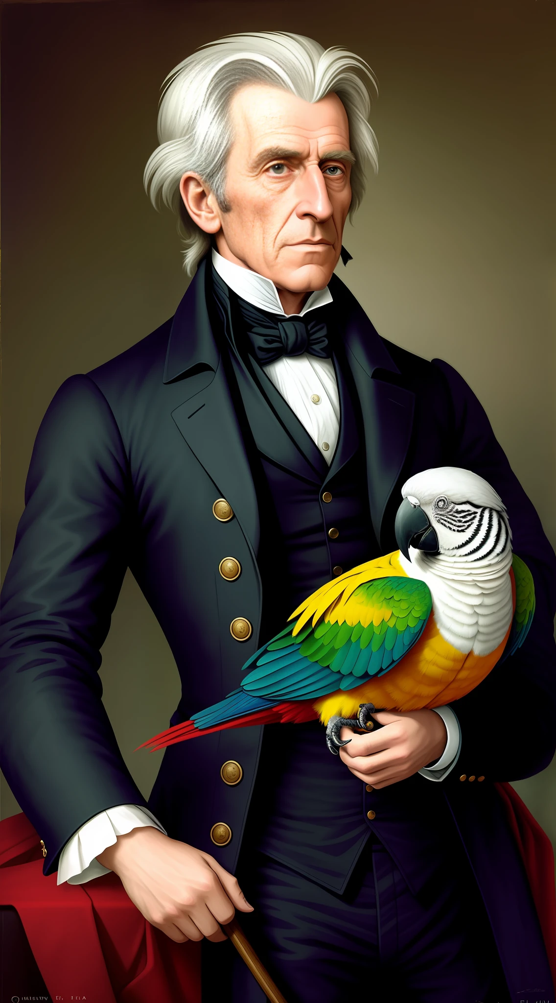 [An extremely detailed and beautiful portrait of Andrew Jackson, perfectly capturing his rugged masculinity, stern expression, and dapper dress. In the foreground, a vibrant and colorful parrot rests comfortably on his shoulder, a playful contrast to the reverence of the scene. in the background, the flag of the USA. The attention to detail and depth of field create a dynamic and captivating tableau that draws the viewer in.]