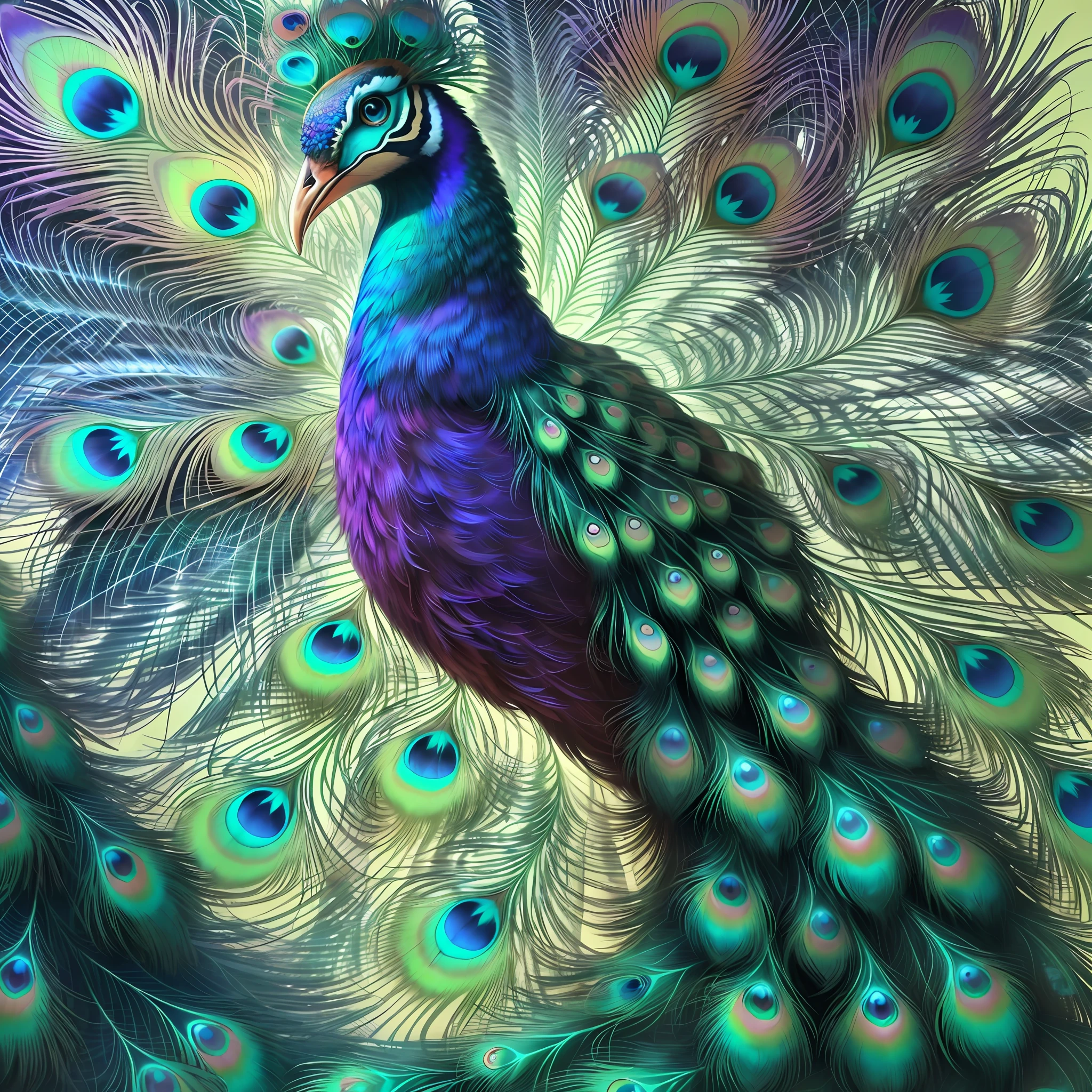 (A very detailed masterpiece), high-quality illustration, ultra-realistic and dynamic,
(floating in mid-air), (close-up shot, vibrant colors), representing the majestic beauty of a (peacock with open tail).