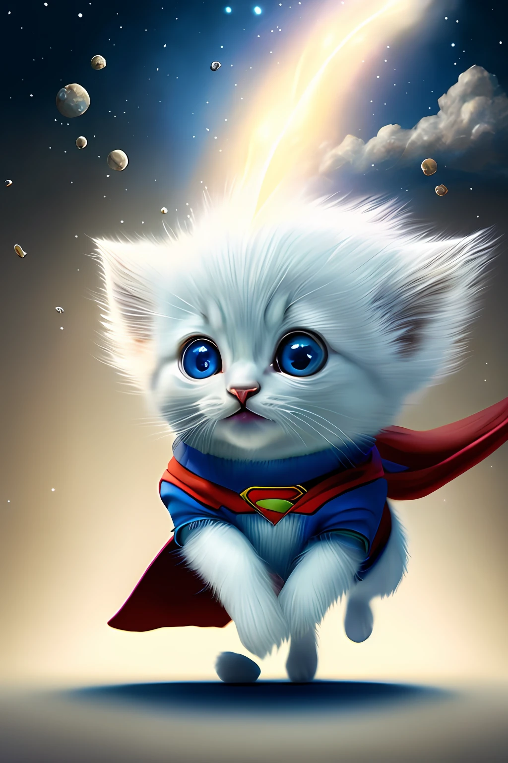 Pixar style, 3D, cute and cute white-haired kitten Superman, big eyes, laughter, excitement, floating in space, Jean-Baptiste Monge, anthropomorphic, dramatic lighting