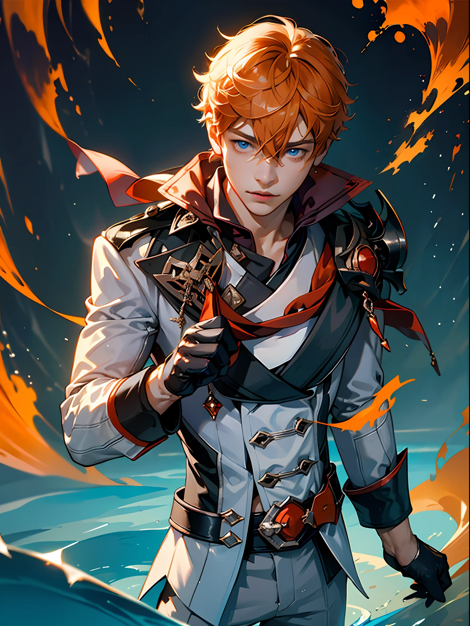 Masterpiece, best quality, tartaglia (genshin impact), gloves, mask, male focus, 1boy, blue eyes, black gloves, solo, orange hair, bangs, water, jacket, hair between the eyes, jewelry, scarf,